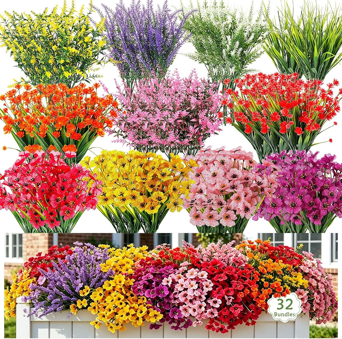 32 Bundles Artificial Flowers Plants for Outdoors, No Fade Fake Plastic Flowers Faux Plants UV Resistant Artificial Flower for Hanging Planters Outside Home Porch Indoor Spring Window Farmhouse Decor