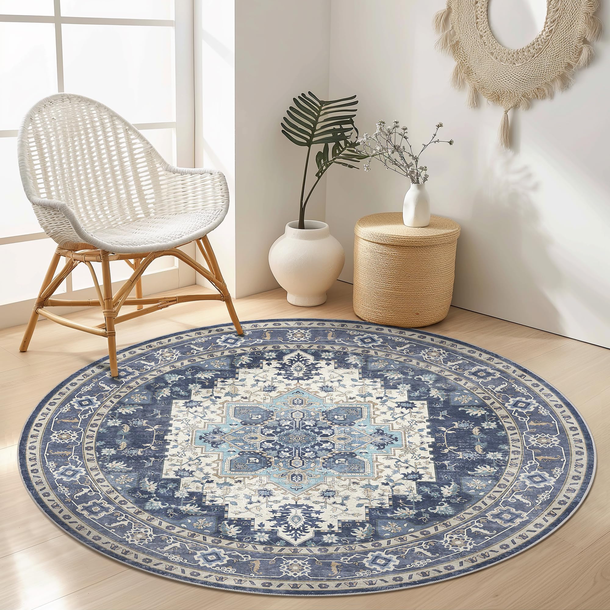 GENIMO Round Rug 120cm for Living Room & Bedroom, Vintage Area Rug Washable, Circle Small Rug Boho, Non-Slip Carpet Dining Room, Low Pile, Traditional Oriental Printed Design, Vintage Navy