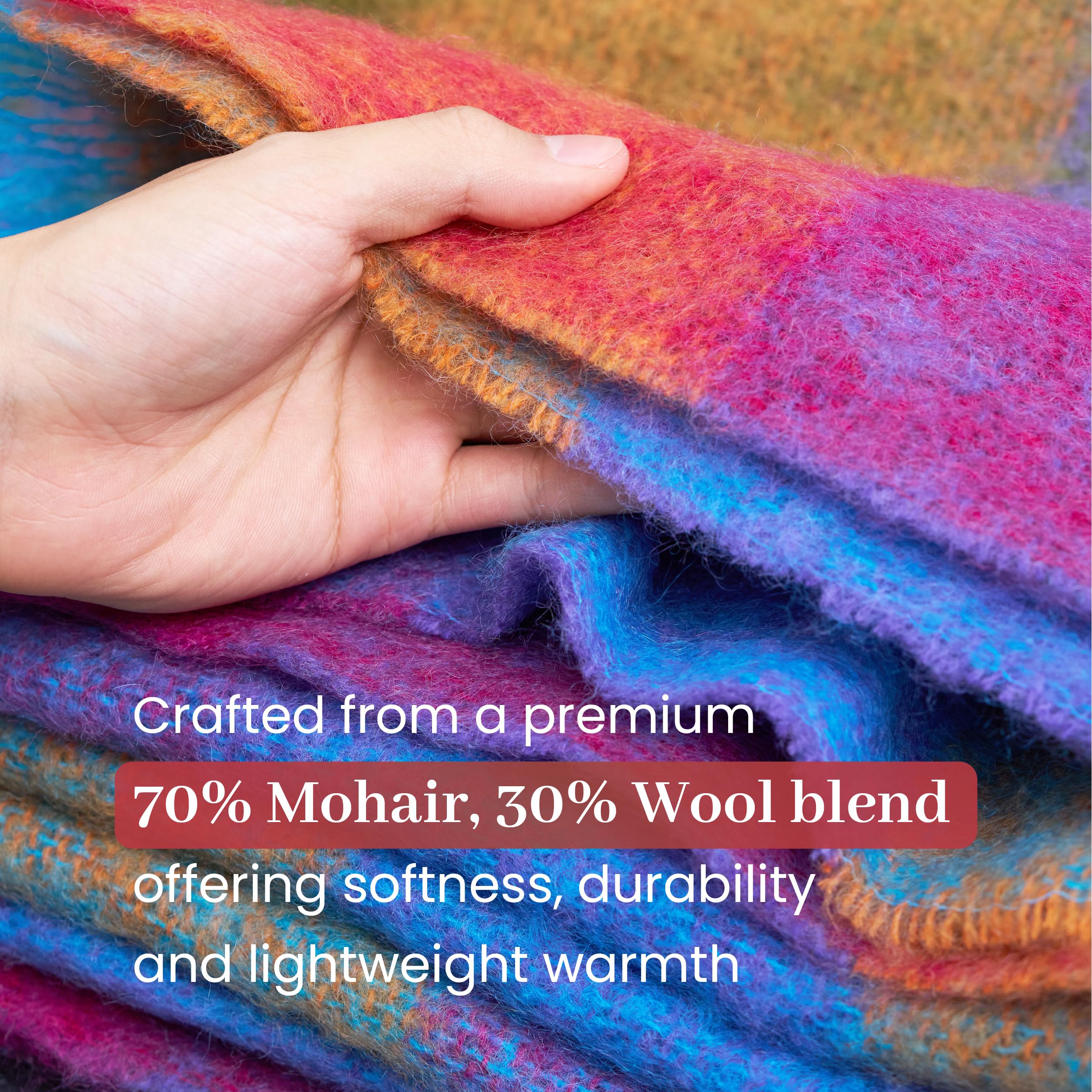 Manta de lana y mohair irlandés genuina de Angora Mohair importada de Irlanda, 72 x 54 pulgadas, estilo celta tradicional, tacto súper suave y cálida, cuadros multicolor