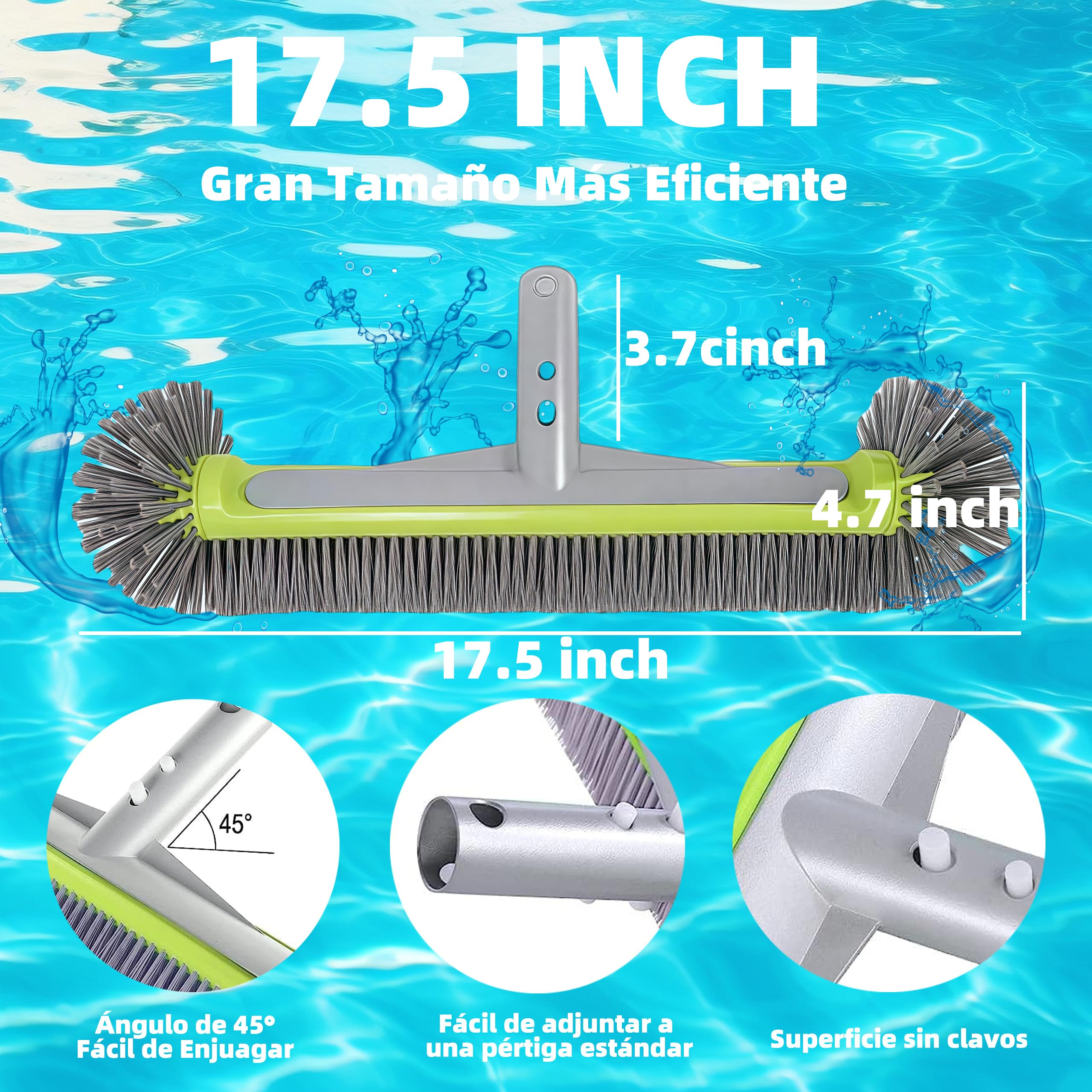 Cabezal de Cepillo para Piscina Desmontable con Cerdas Robustas 17,5″ – Cepillo Redondo para Limpieza Rápida de Paredes, Escalones Incluye Mango de Aluminio con Sistema EZ Clip Sin pértiga telescópica