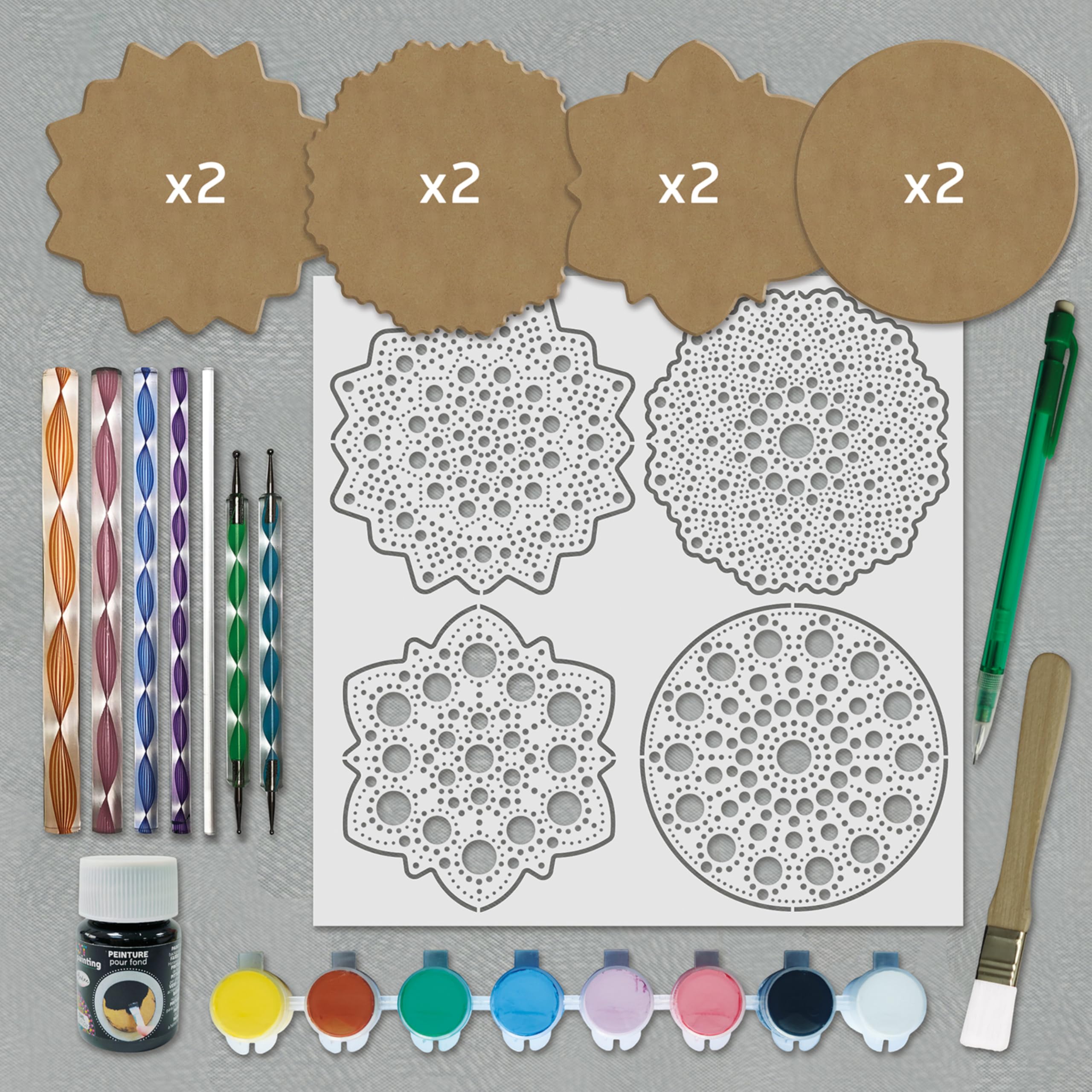 Aladine - Kit Mandala in Dot Painting - Cofanetto 4 stencil Mandala & Strumenti Dot Painting - 85496