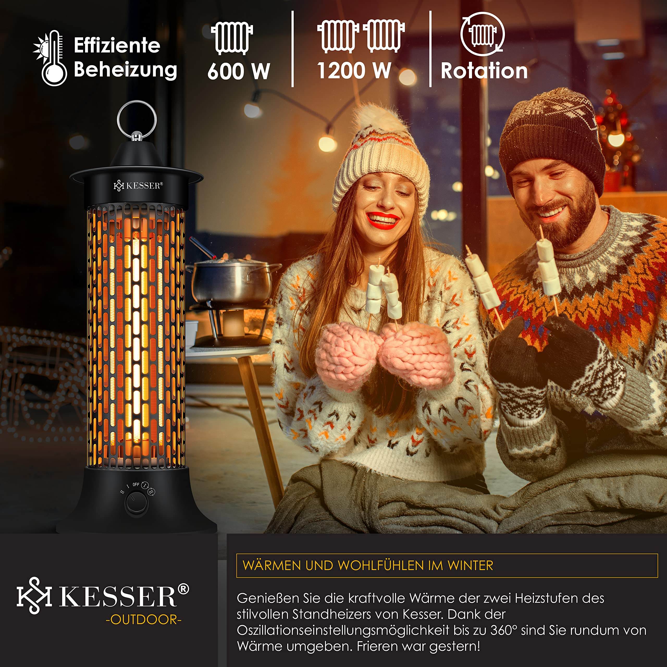 KESSER® Standheizstrahler Infrarotheizung, 1200W Heizstrahler Energieeffiziente Heizung Innenraum mit 360° Oszillation, Infrarotheizung Standgerät, Elektroheizung IP55, Terrassen-Heizstrahler, Schwarz