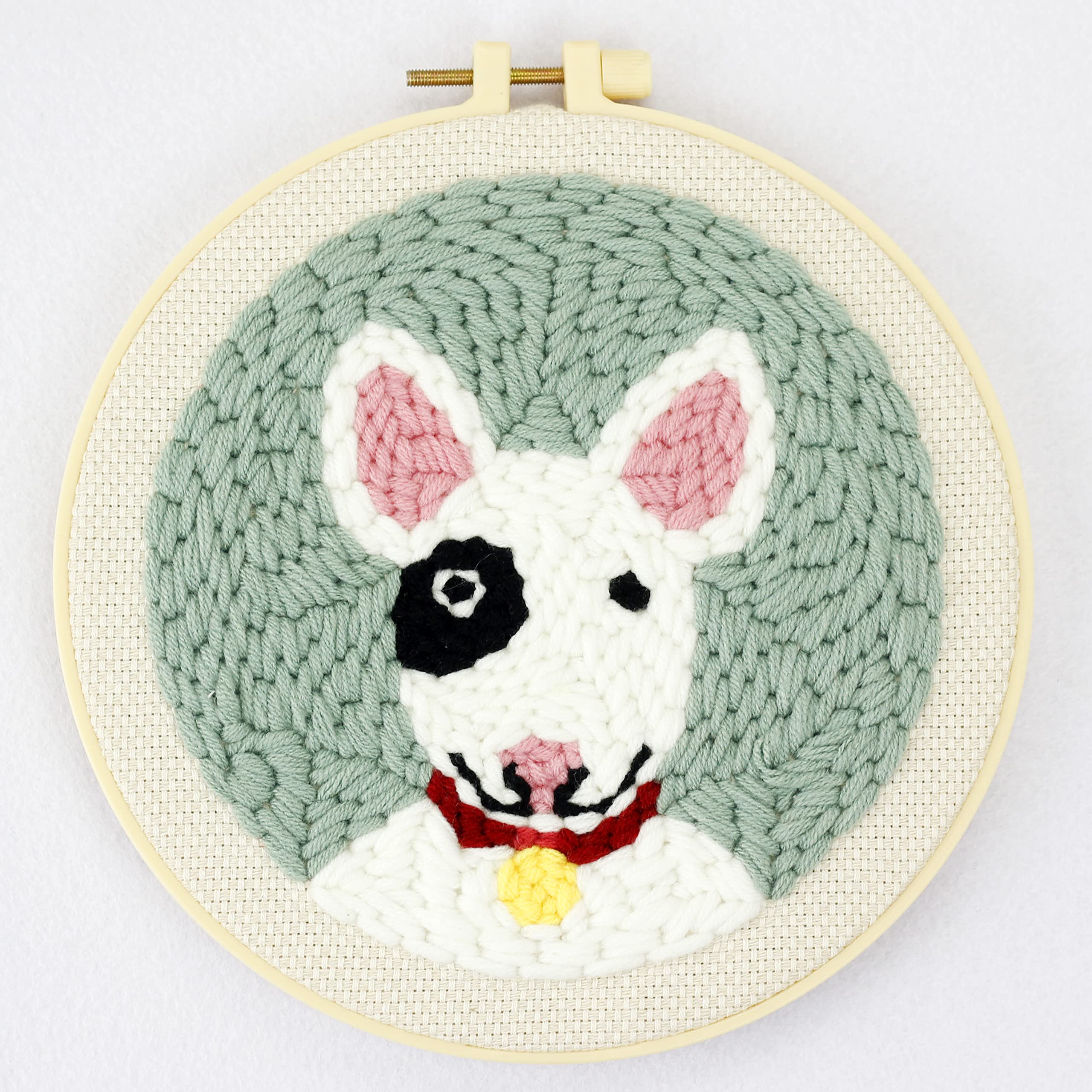 Punch Needle Embroidery Starter Kits for Kids and Adults Beginners Tutorial Instructions Punch Needle Fabric with Pattern Yarns Embroidery Hoops and Threader Tools Included (White Bull Terrier)