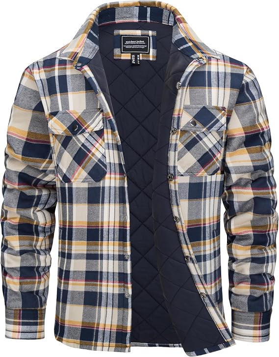 Men's Flannel Shirt Jacket Quilted Lined Button Down Plaid Shirt | Winter Warm Heavyweight Cotton Shackets Qulited Lined Long Sleeve Button Snap Collared Jacket Insulated Plaid Coat
