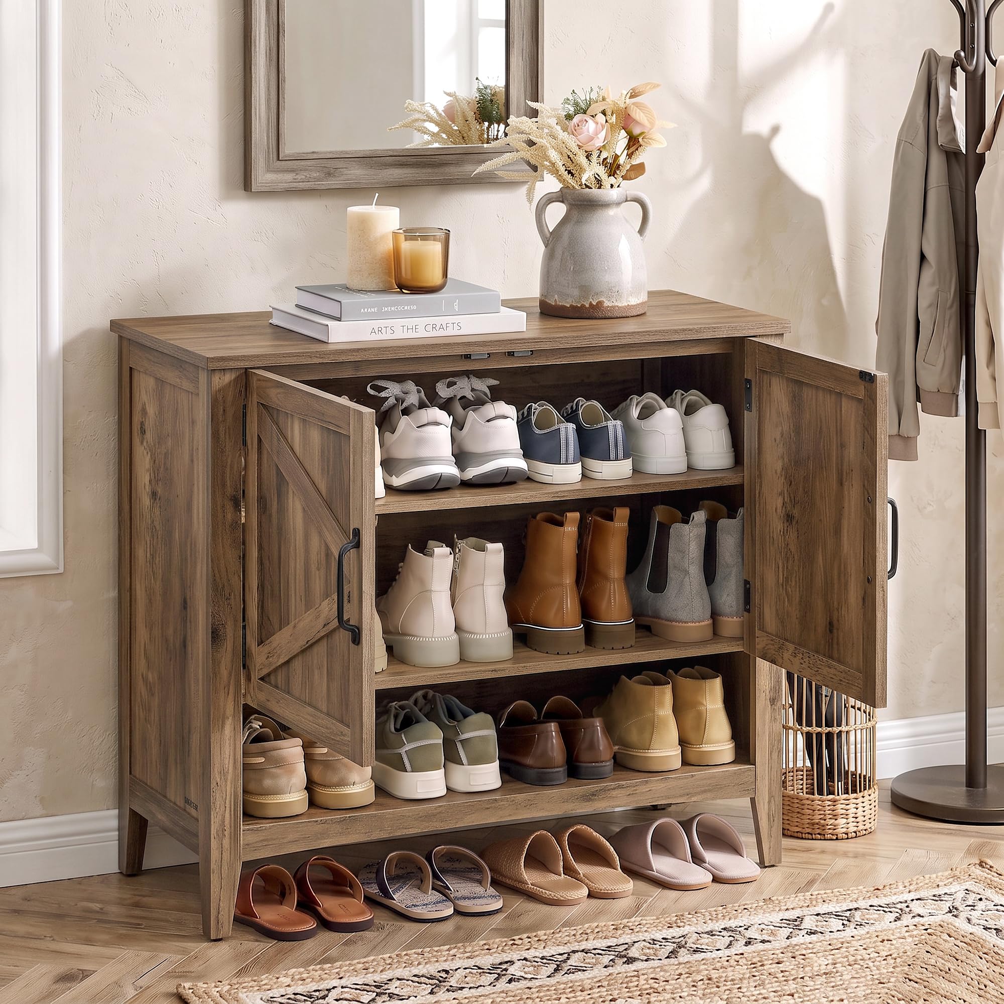 VASAGLE Shoe Storage Cabinet, 3‑Tier with Height‑Adjustable Shelves