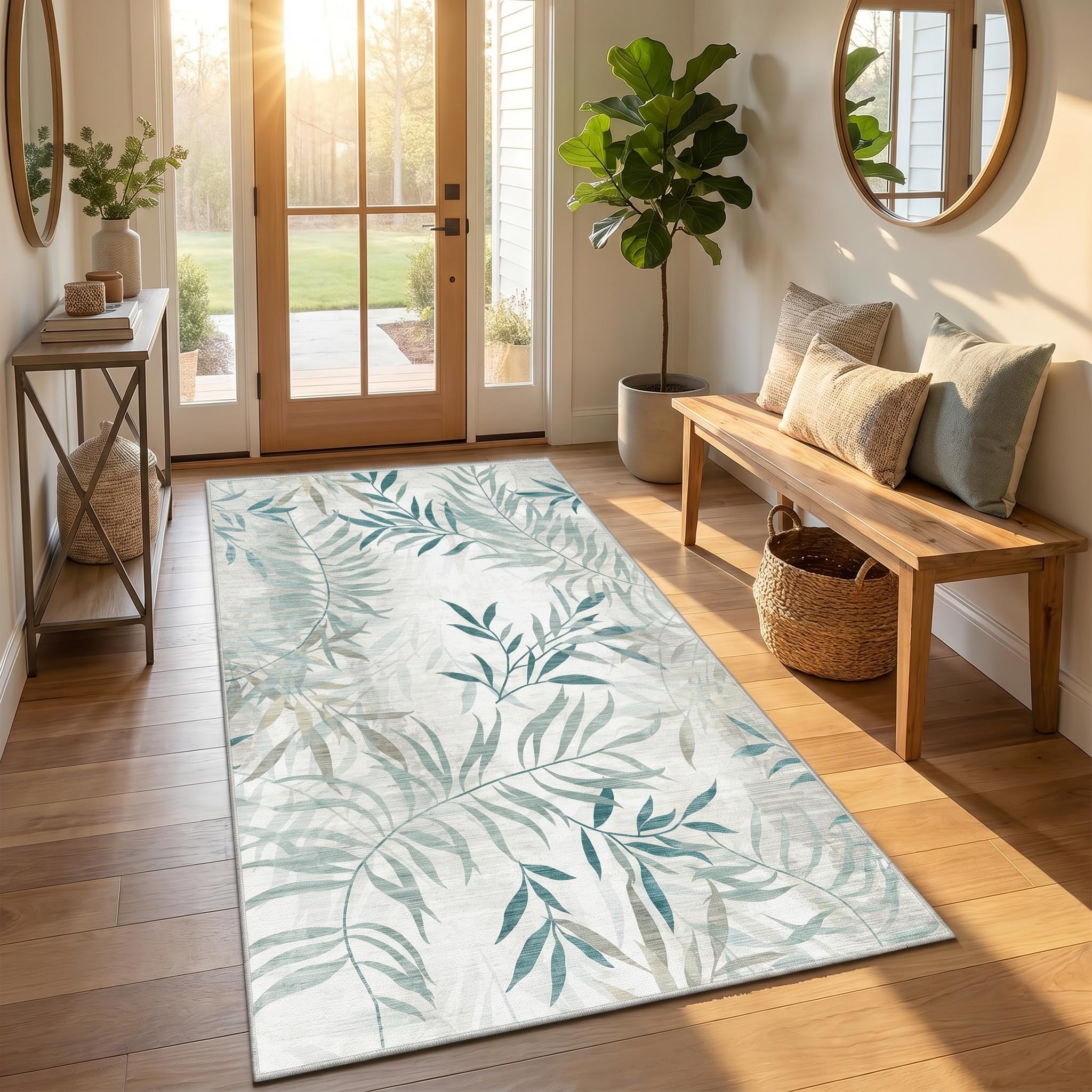 FTCJWL Machine Washable Rug, Delicate Willow Leaf Area Rug, Elegant Soft Green Botanical Short-Pile Runner, Non-Slip Indoor Carpet for Hallway Kitchen Bedroom (60x90cm) โ image 1