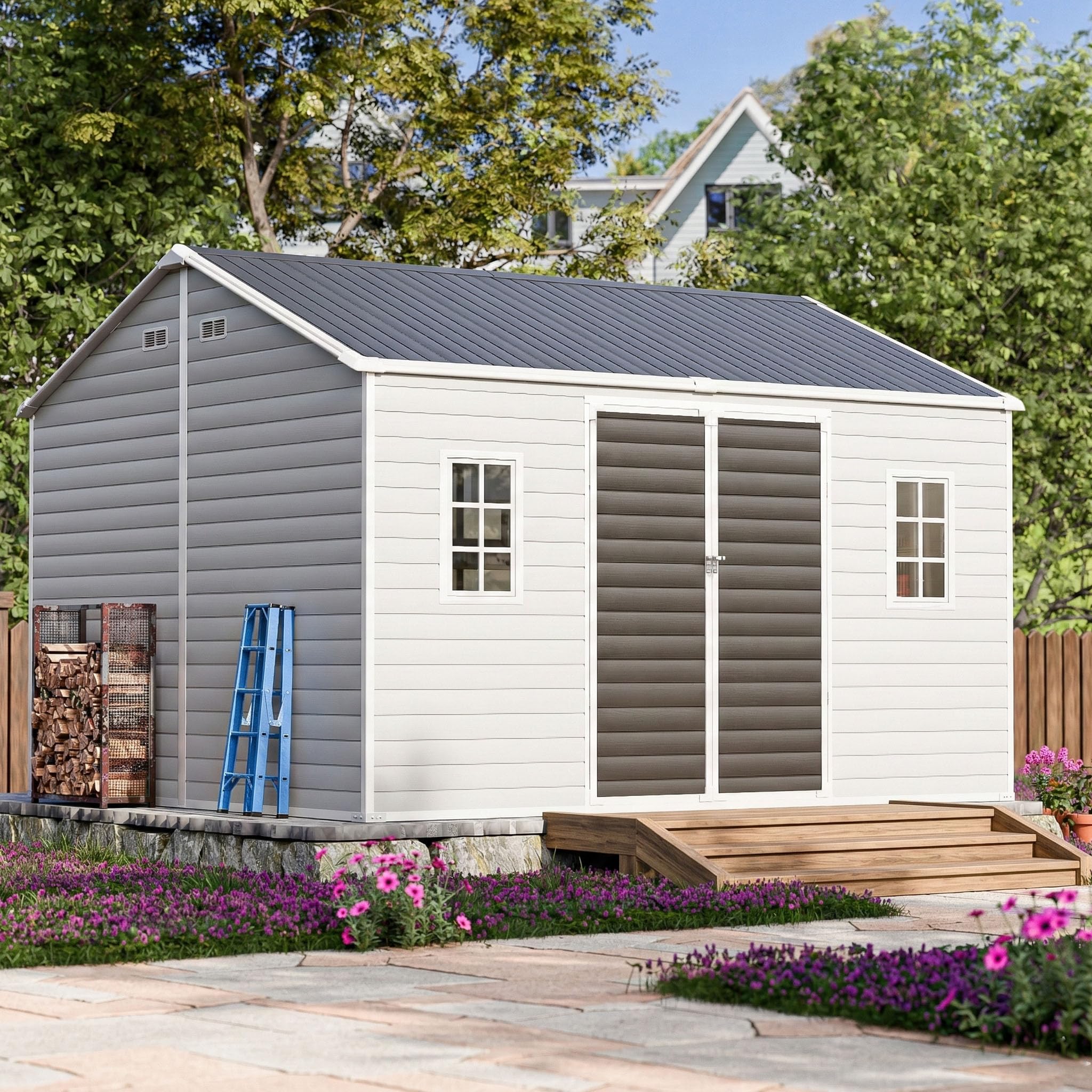 WACASA 10x12 FT Large Resin Plastic Outdoor Storage Shed with Floor