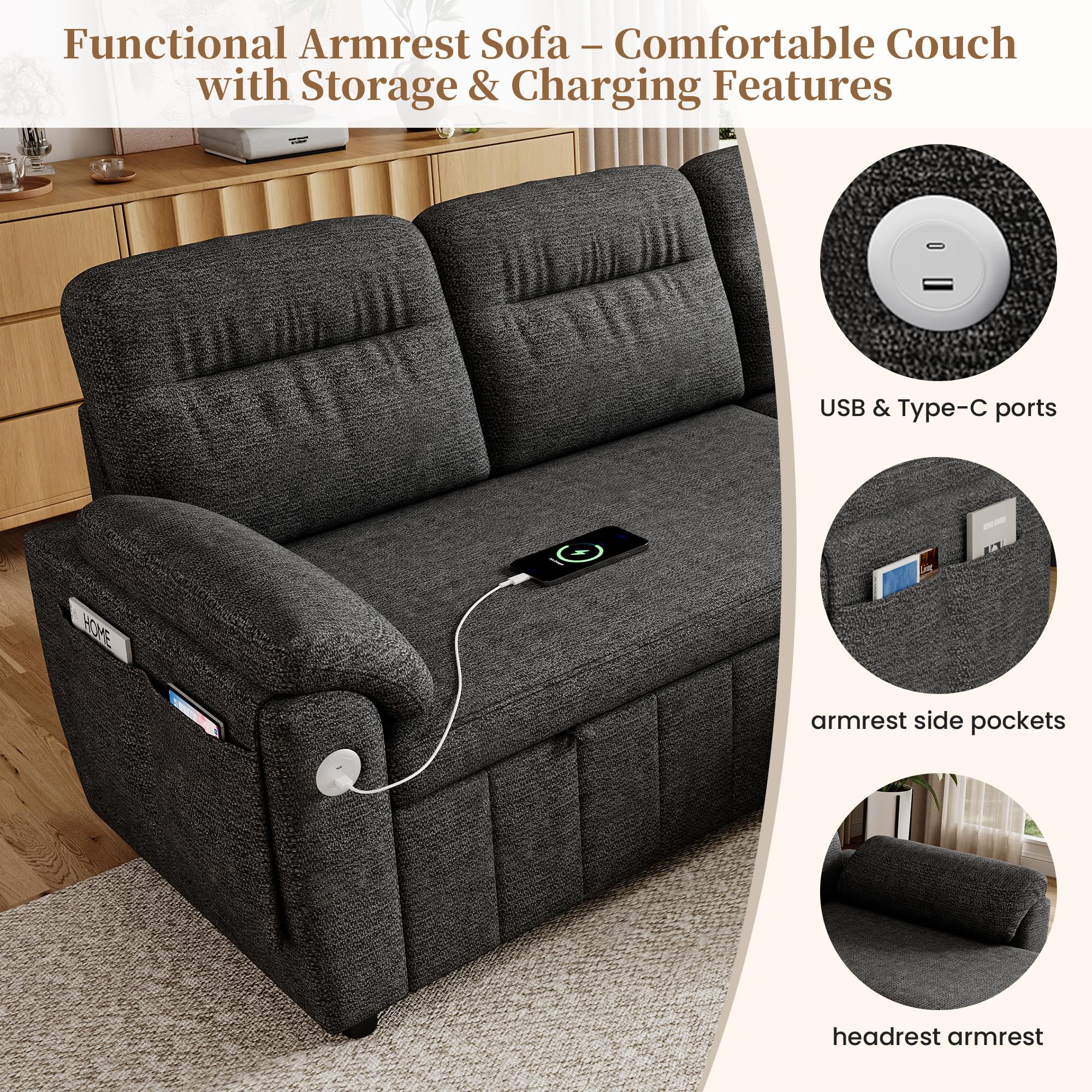 Sofá modular de 3 plazas con función cama extensible y USB/Type-C, sofá esquinero en forma de L con reposacabezas semifijos y compartimento de almacenamiento, sofás con chaise longue