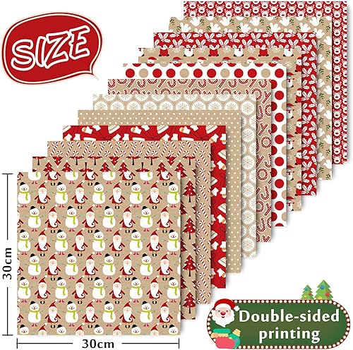 Miniatura 2 de Whaline Paquete de 24 papel de patrón navideño de 11.8 x 11.8 in, papel kraft rojo de doble cara, lindo Papá Noel, reno, muñeco de nieve, papel de