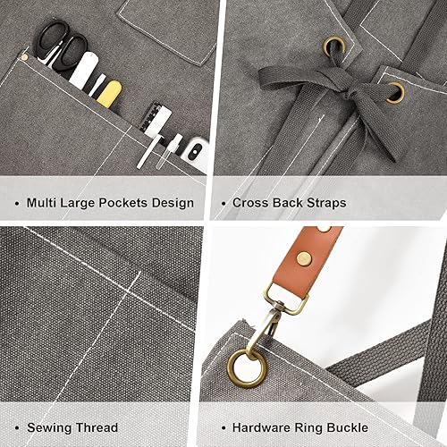 Miniatura 3 de Delantal de chef para hombres y mujeres, delantales de lona con 3 bolsillos traseros cruzados, delantal de trabajo resistente para cocinar