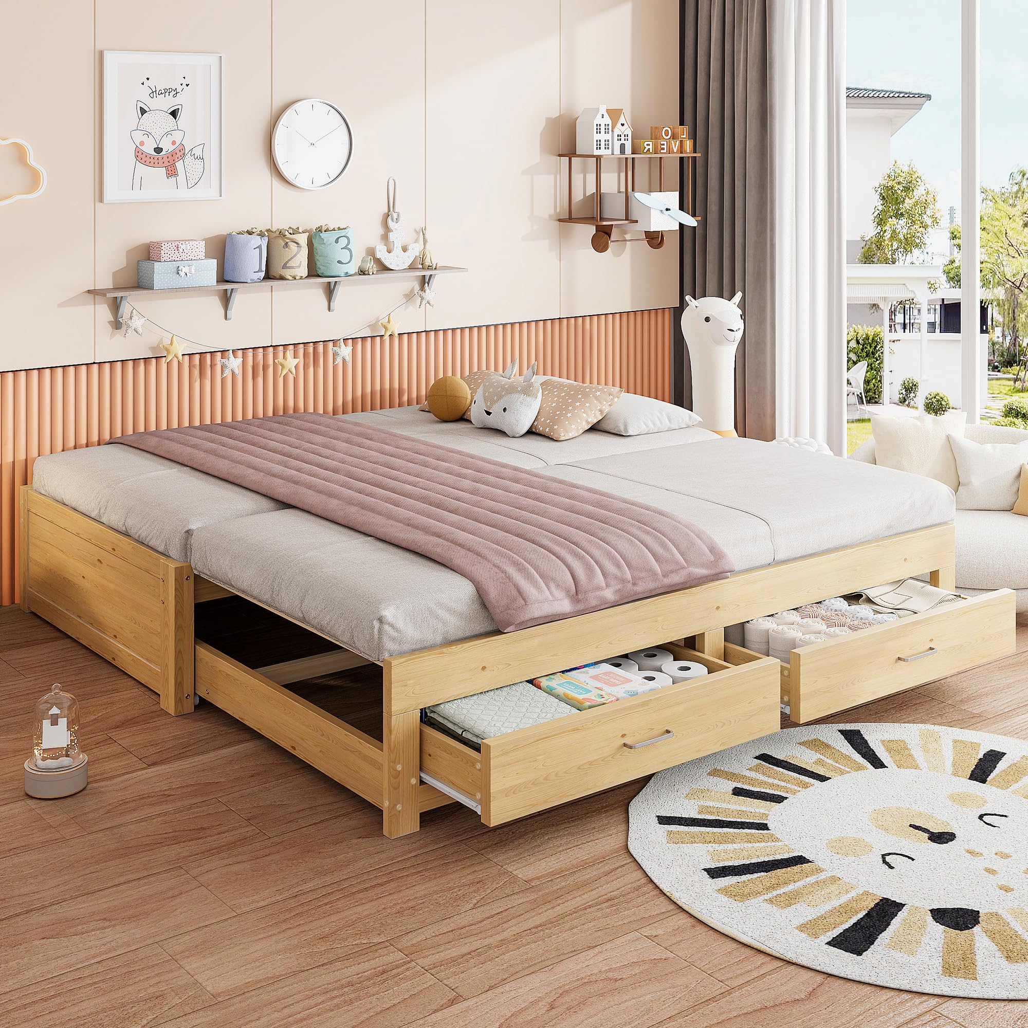 Sofá cama extensible de madera de 90 a 180x190 cm con 2 cajones de almacenaje color natural