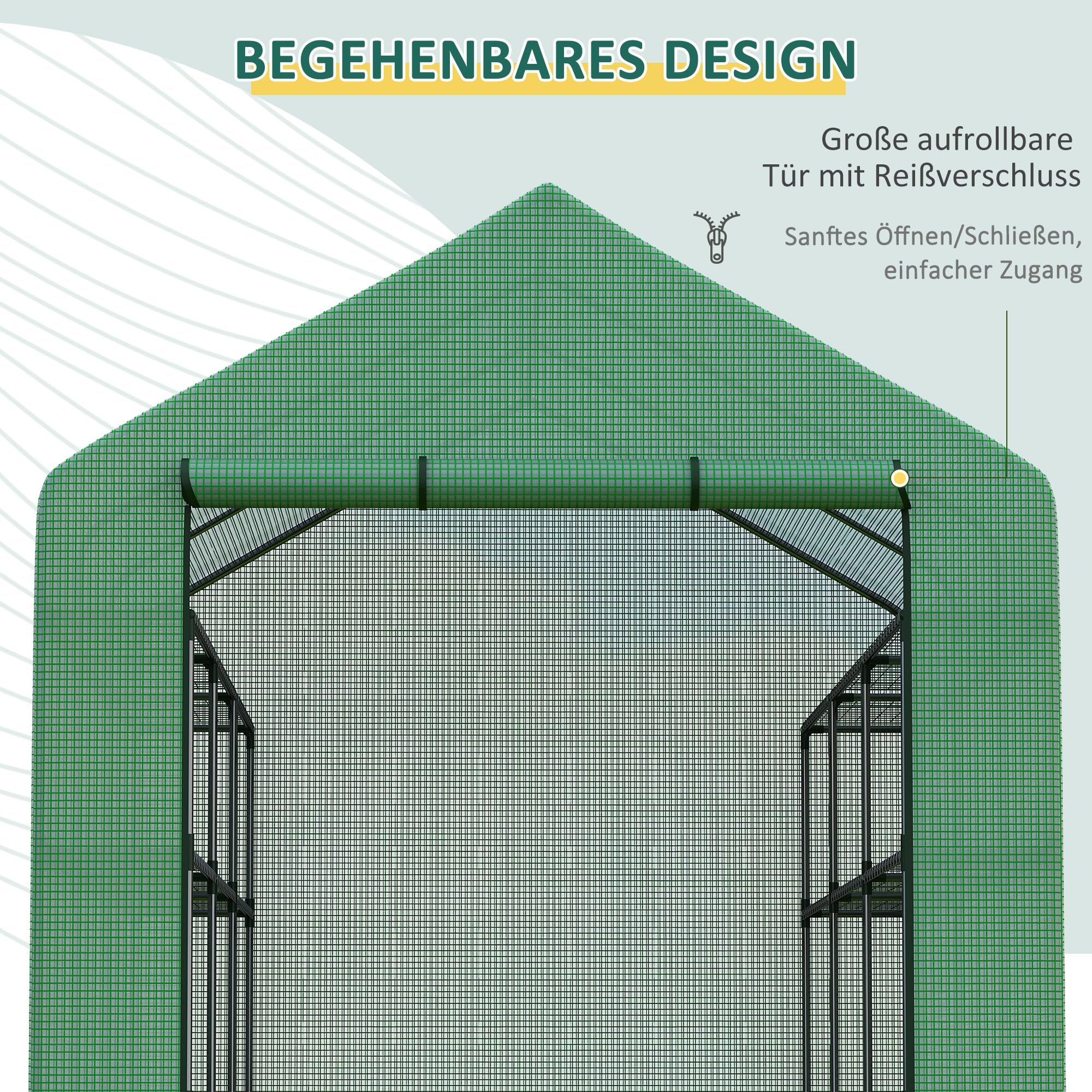 Outsunny Foliengewächshaus 8 Regalebenen mit Tür 143 x 138 x 190 cm Grün | Begehbares Gewächshaus, Tomatengewächshaus, Treibhaus, Frühbeet, Stahl, PE-Kunststoff