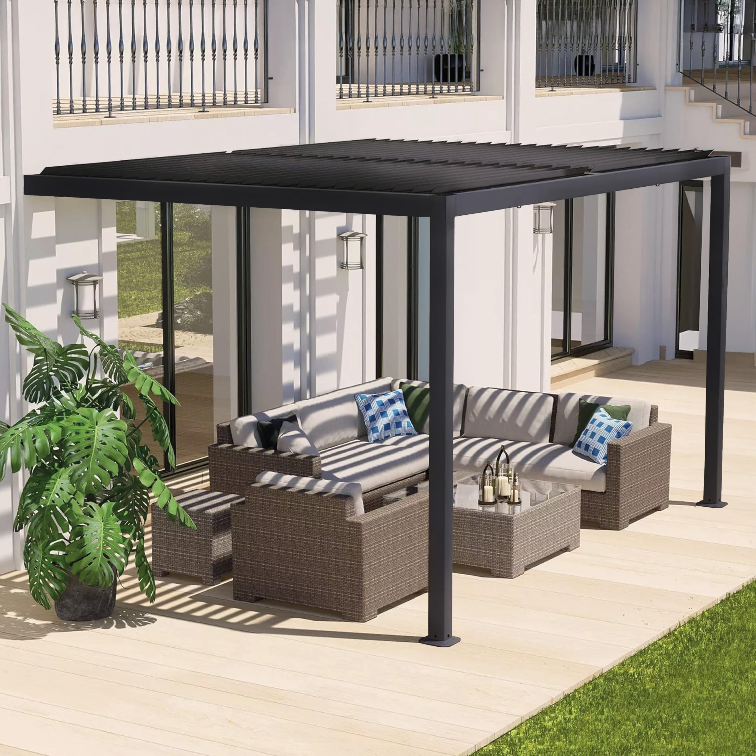 Estosa - Pergola Addossata Bioclimatica In Alluminio In Varie Misure Con Luci LED A 3 Livelli, Pannello Solare E Telecomando Inclusi, Pergola Da Terrazzo Esterno Resistente (Grigio, 3x4)