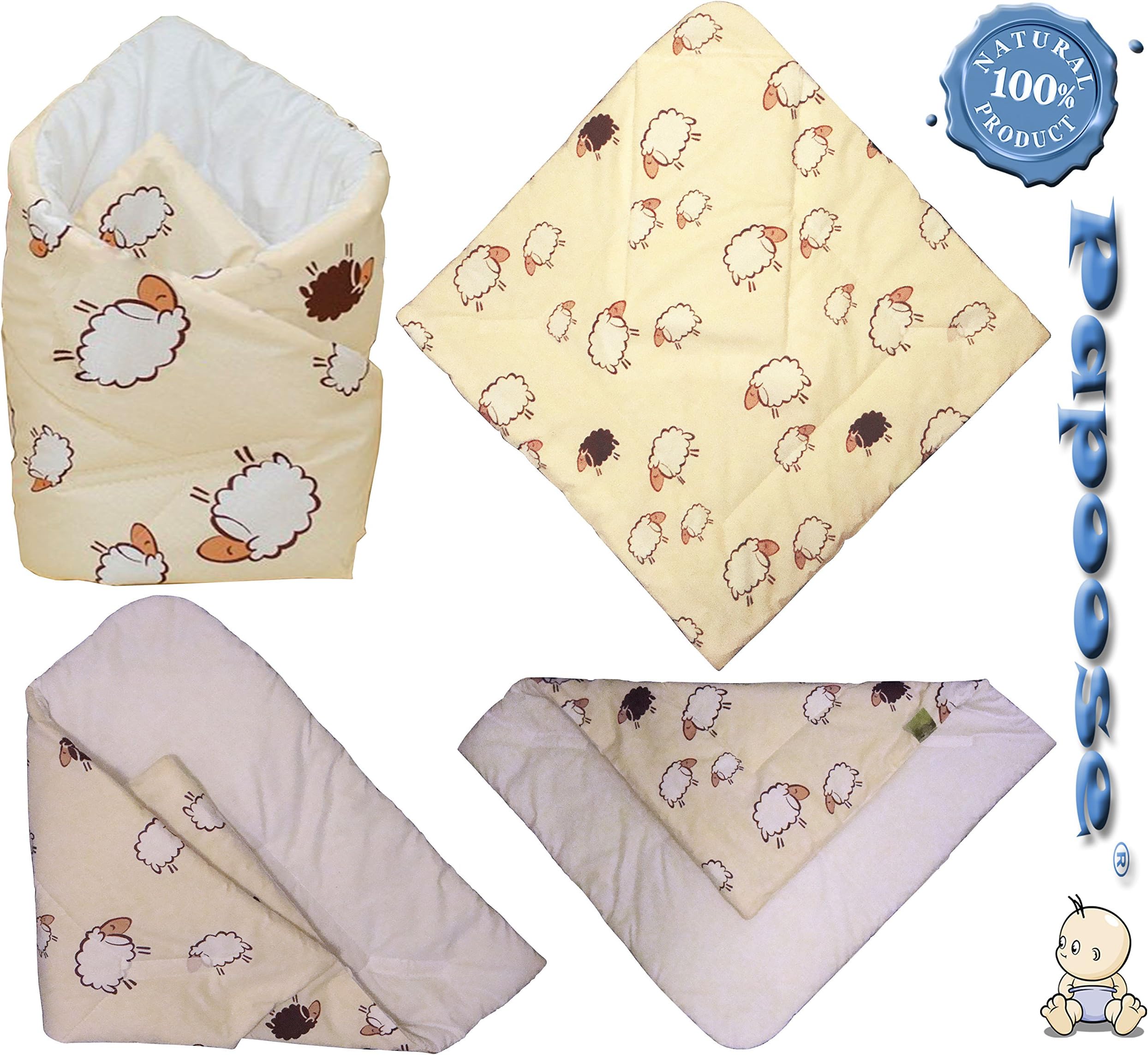 Breathable Cotton Baby Swaddle Wrap with Hypoallergenic Coconut Pad as a Neck and Back Support Velcro Adjustable Cream Sheep Pattern