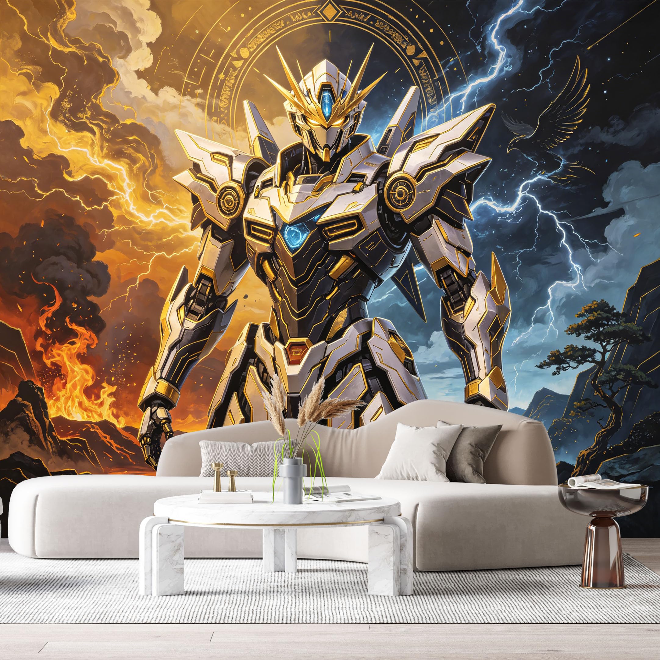 Custom Size Wall Murals Mecha Warrior Abstract Modern 3D Trompe L'Oeil Lightning Fire Volcano Background SelfAdhesive Wall Fabric Removable Large Wallpaper for Photo Living Room