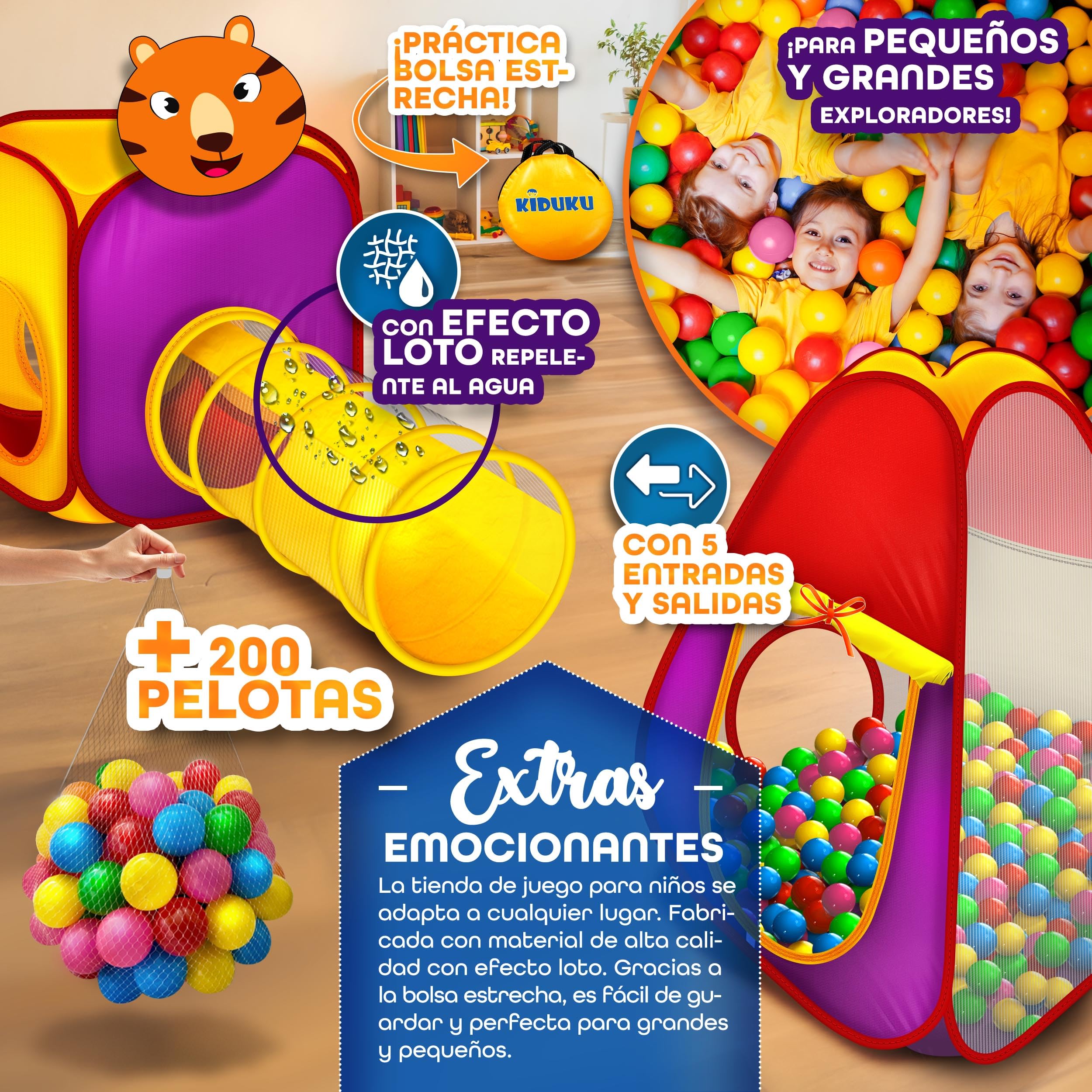 KIDUKU® 3 en 1 Carpa de Juegos para niños/Tienda de campaña Pop up Infantil para Jugar + Túnel de Tela + 200 Bolas + Bolsa para Transportar – Uso Interior y Exterior