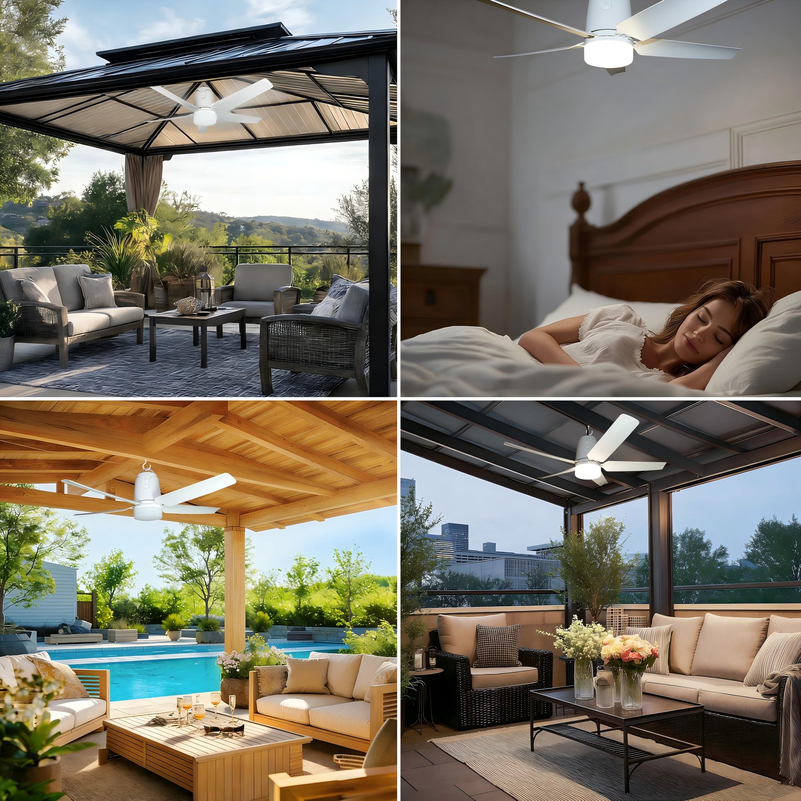 SHUNLEE Ventilatore da Esterno Soffitto, Ventilatore da Gazebo con Luce 3000-6500K, Ventilatore da Soffitto Portatile con Spina e Telecomando, Gancio, ideale per Gazebo, Tenda a Comparsa, Patio (80CM)