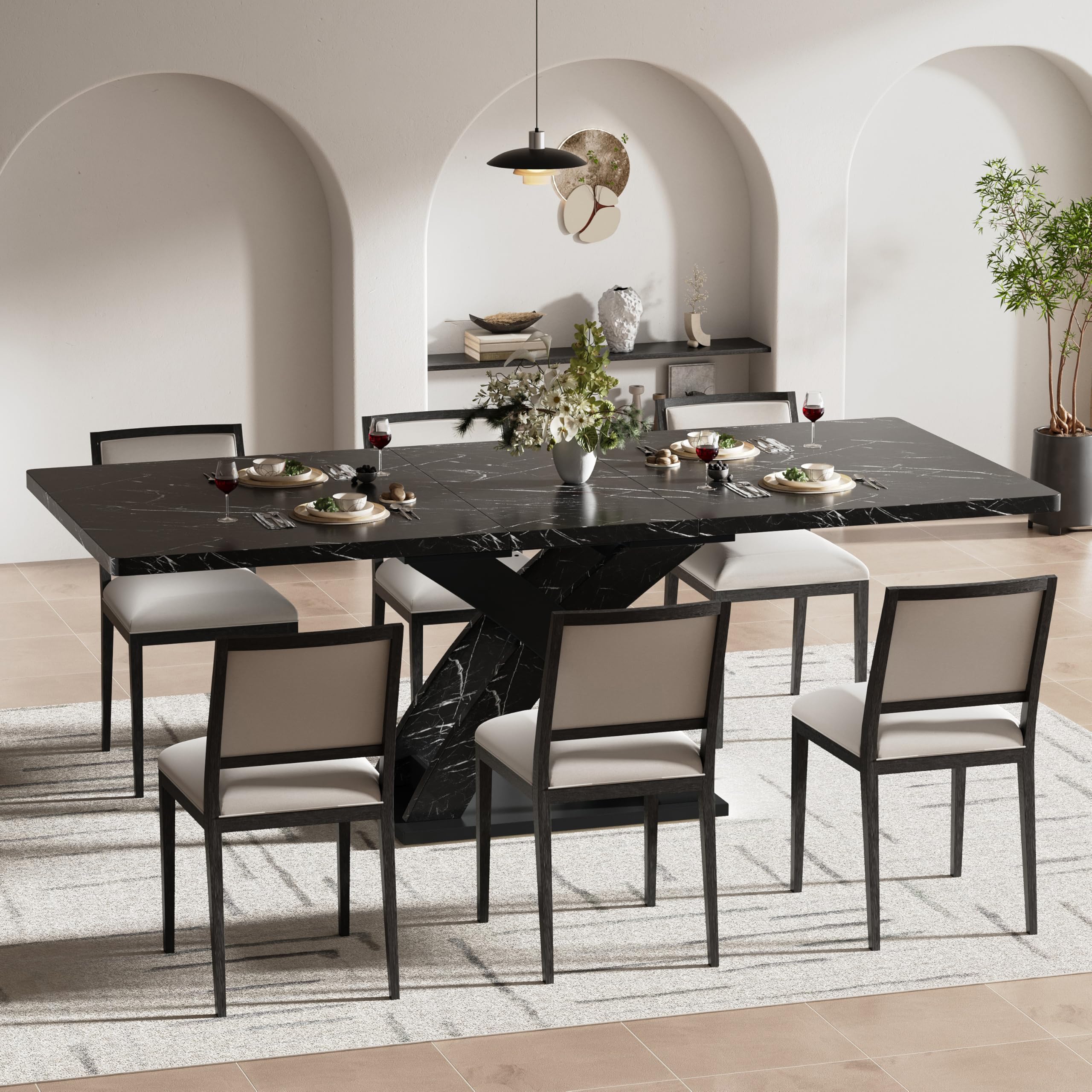 Wysuwany stół do jadalni, kuchni, jadalni lub patio – 160 cm, płyta MDF, solidny metal w kształcie litery X, do siedzenia dla 6 osób, idealny na spotkania rodzinne