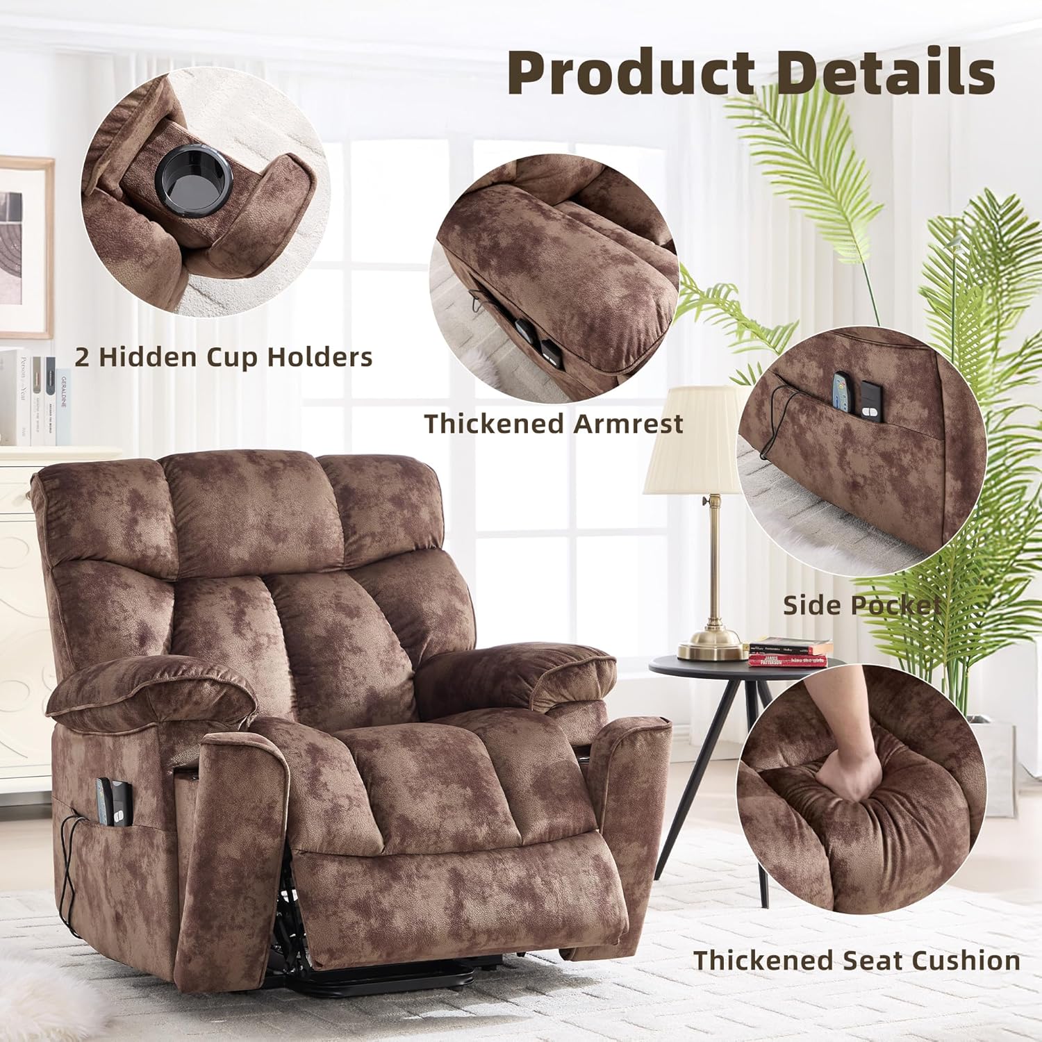 CANMOV Power Lift Recliner Chair for Elderly with Vibration Massage and Lumbar Heating, Overstuffed Electric Lift Chair with Side Pocket and 2 Cup Holders for Living Room, Brown
