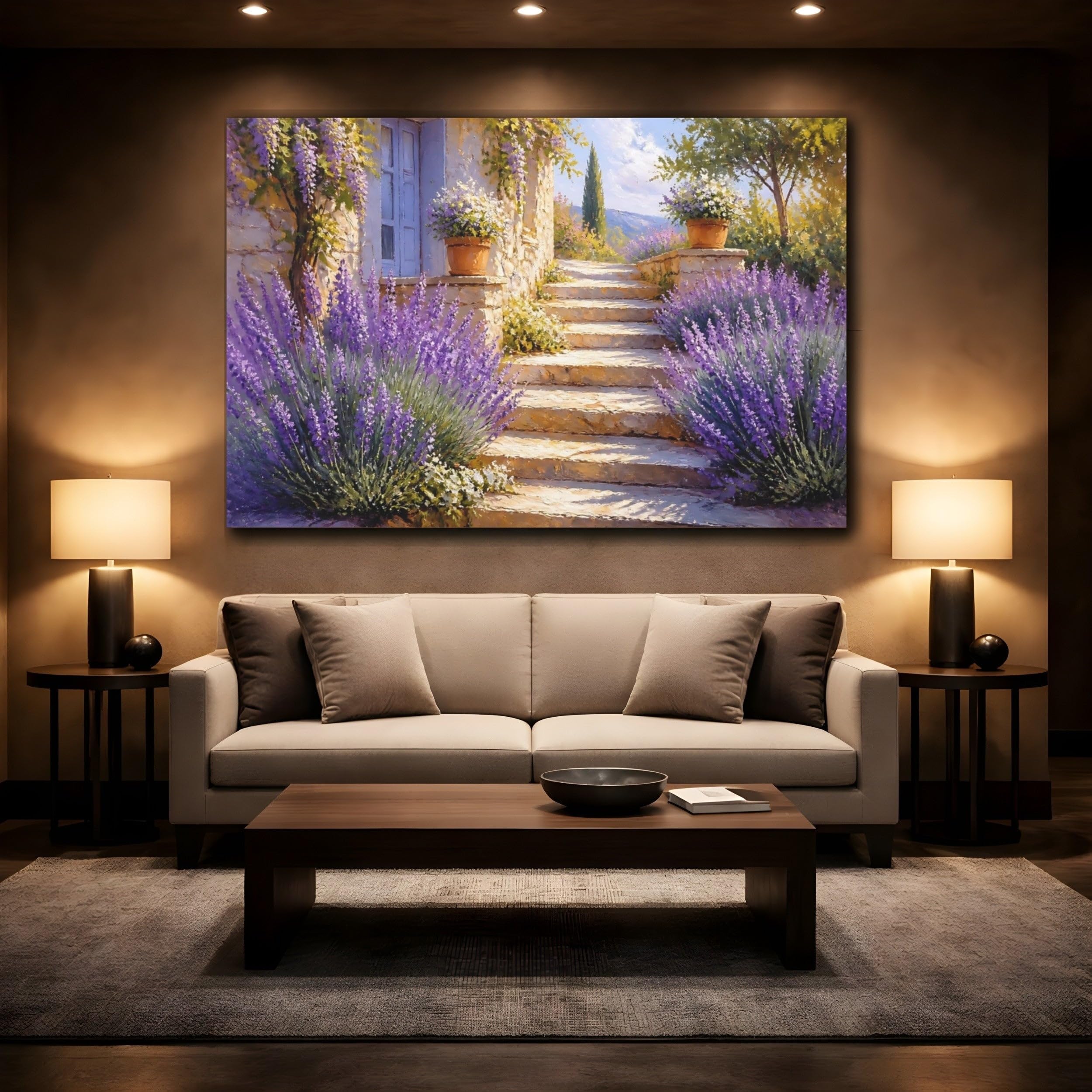 Sunlit Lavender Steps Canvas Print – Living Room, Above Fireplace, Purple & Warm Beige 18×12 inch (45×30 cm) - Horizontal / 1.25 inch (3 cm)
