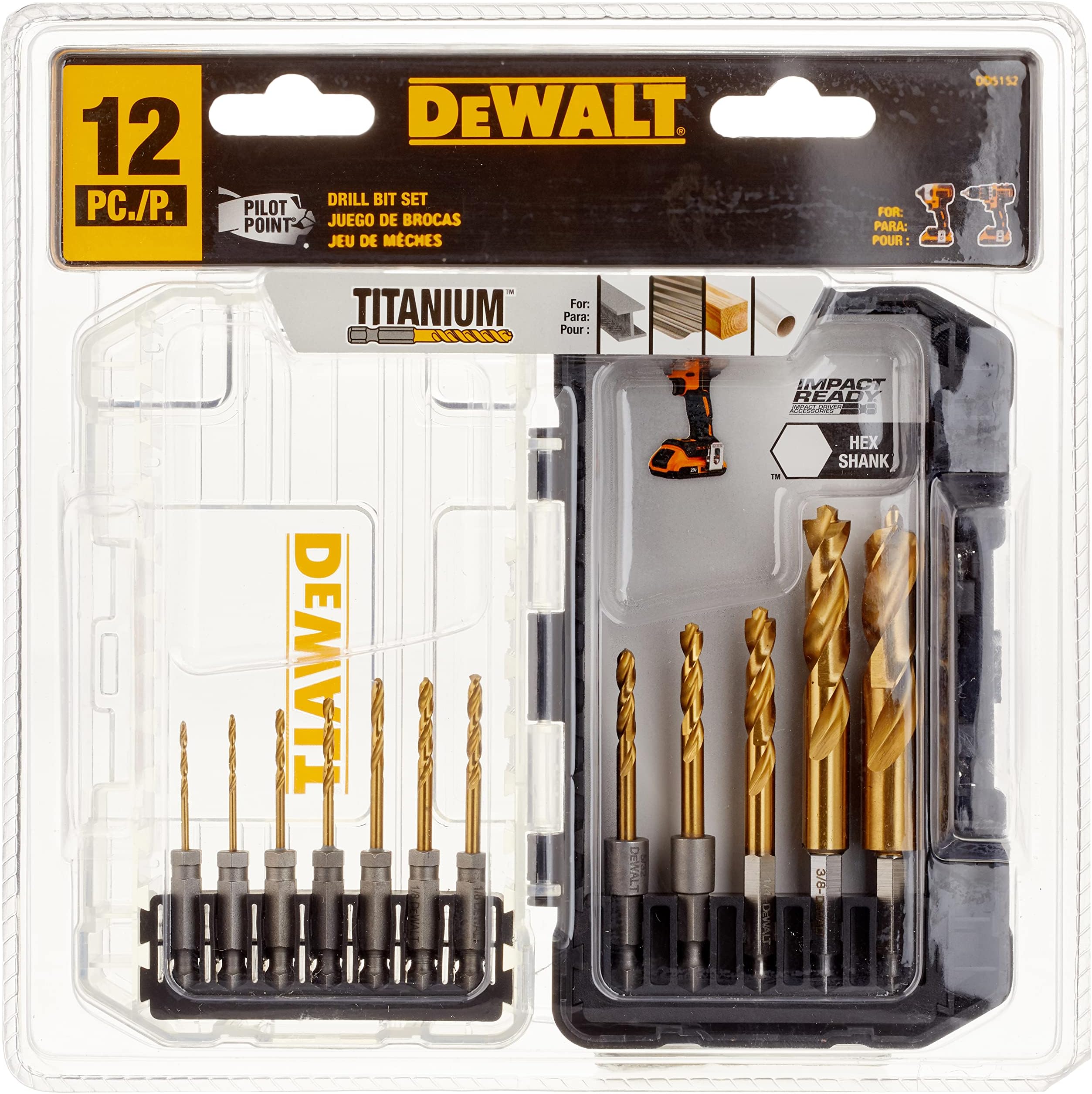 Drill Bit Set, Titanium Impact Ready, Ideal for Metal, Wood, and Plastic, 12 Piece (DD5152)
