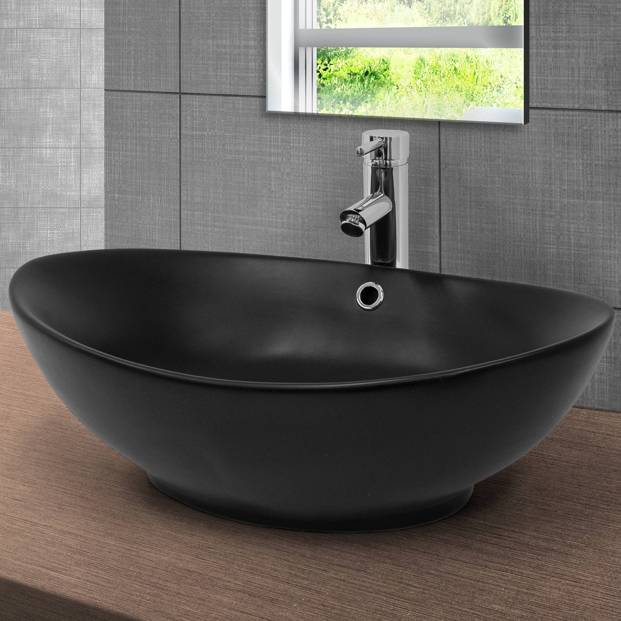 LuxeBath Waschbecken Keramik 590x380x190 mm oval Schwarz mit Ablaufgarnitur Schwarz, Aufsatzwaschbecken für Badezimmer/Gäste-WC, Aufsatzbecken modern, Waschtisch Waschschale Waschplatz Handwaschbecken