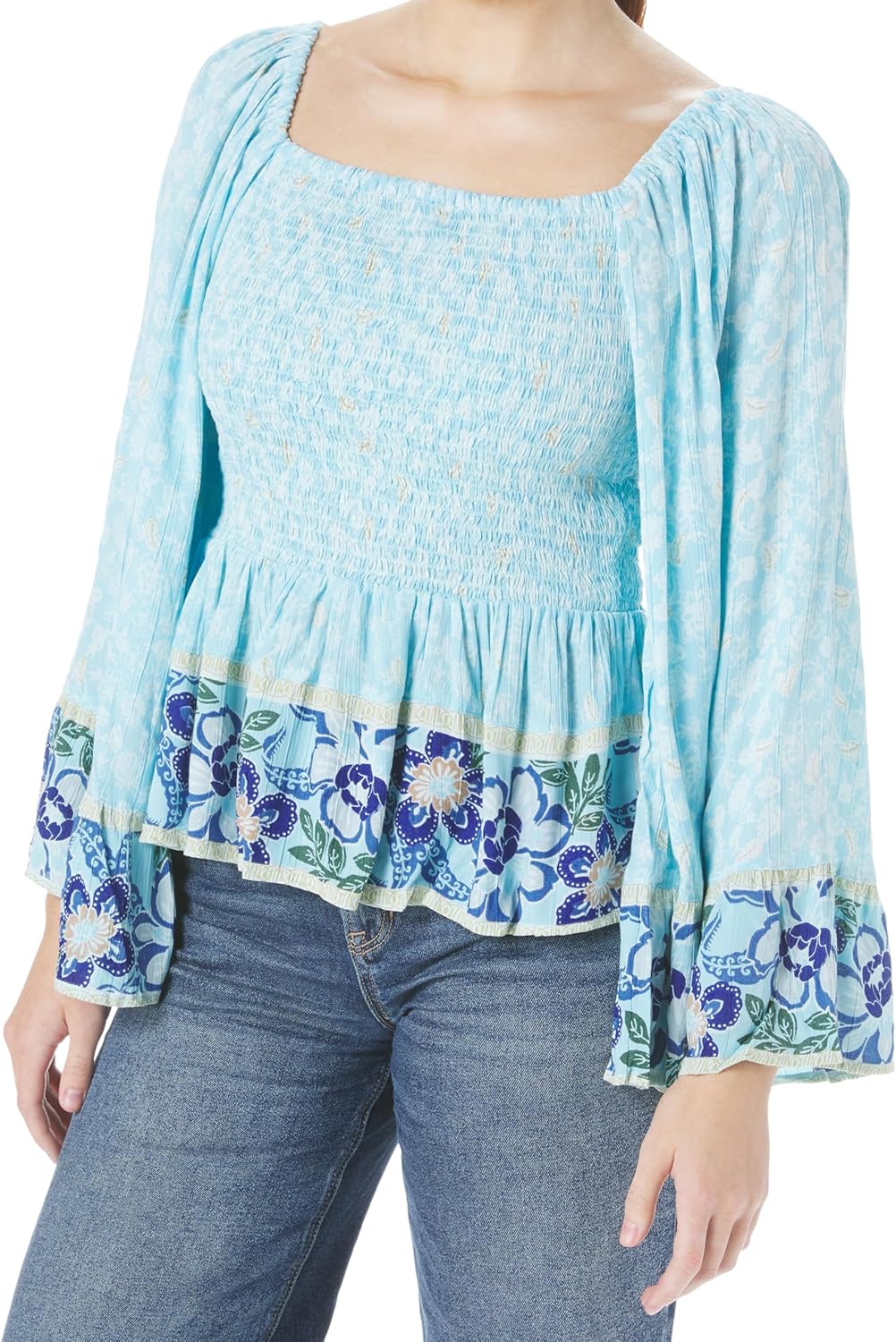 Angie Women's Smocked Bodice Wide Sleeve Top