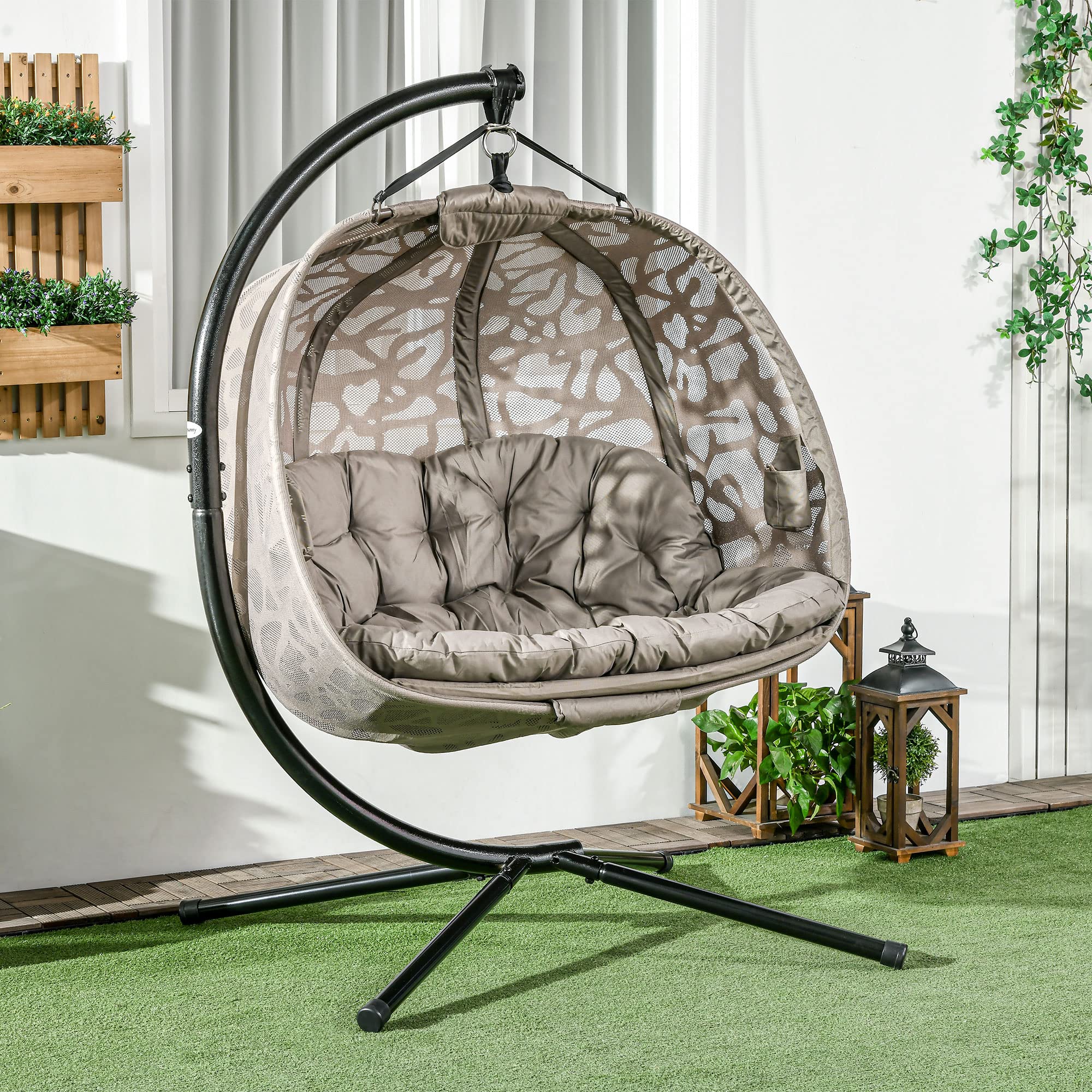 Poltrona Sospesa Dondolo da Giardino con Struttura in Acciaio e Cuscino 2 Posti con 2 Tasche e Cesto Pieghevole 130x103x172 cm