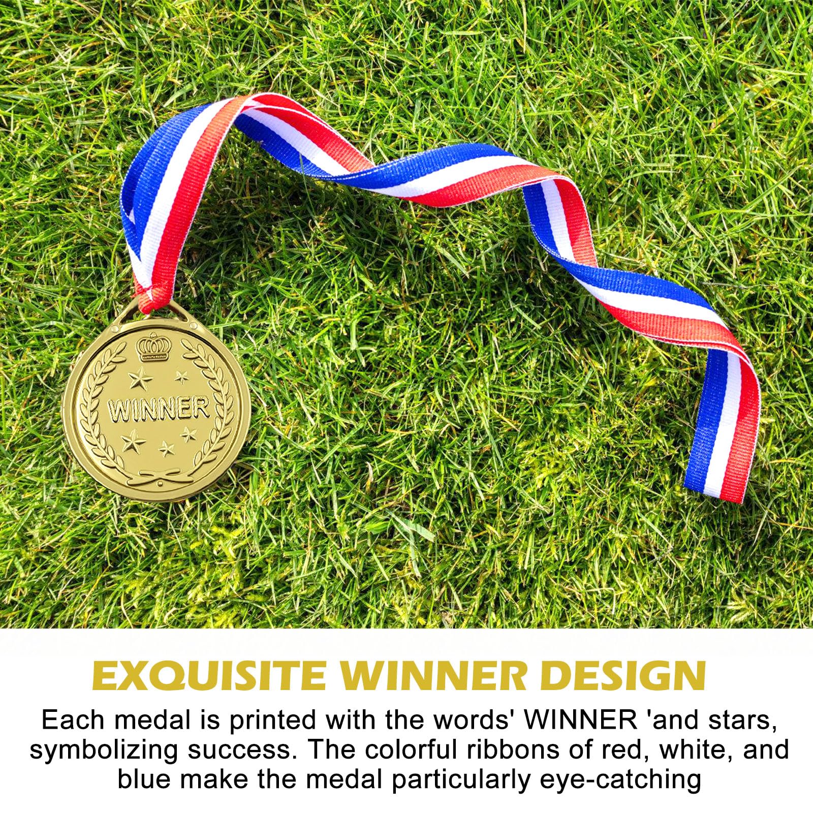 Aicharynic Medallas para niños, 100 unidades, medallas de plástico, medallas de oro con collares, medallas de cumpleaños infantiles para la escuela/día deportivo, cumpleaños infantil, fiestas, juegos
