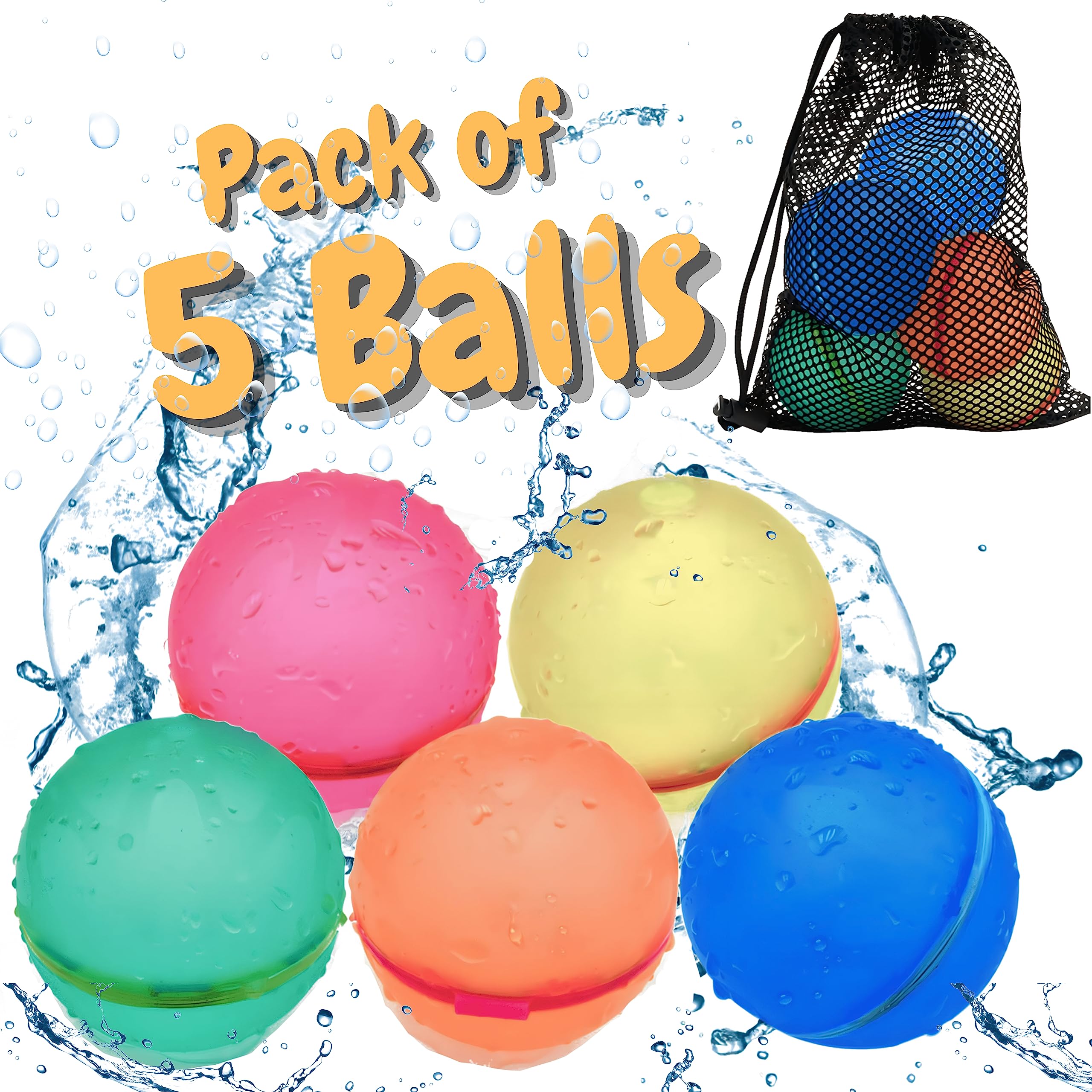 SOPPYCID Reusable Water Bomb Balloons, Latex-Free Silicone Water Ball with Mesh Bag, Self-Sealing Water Bomb for Kids Adults Outdoor Activities Water Games Toy Summer Fun Party Supplies (5pcs)