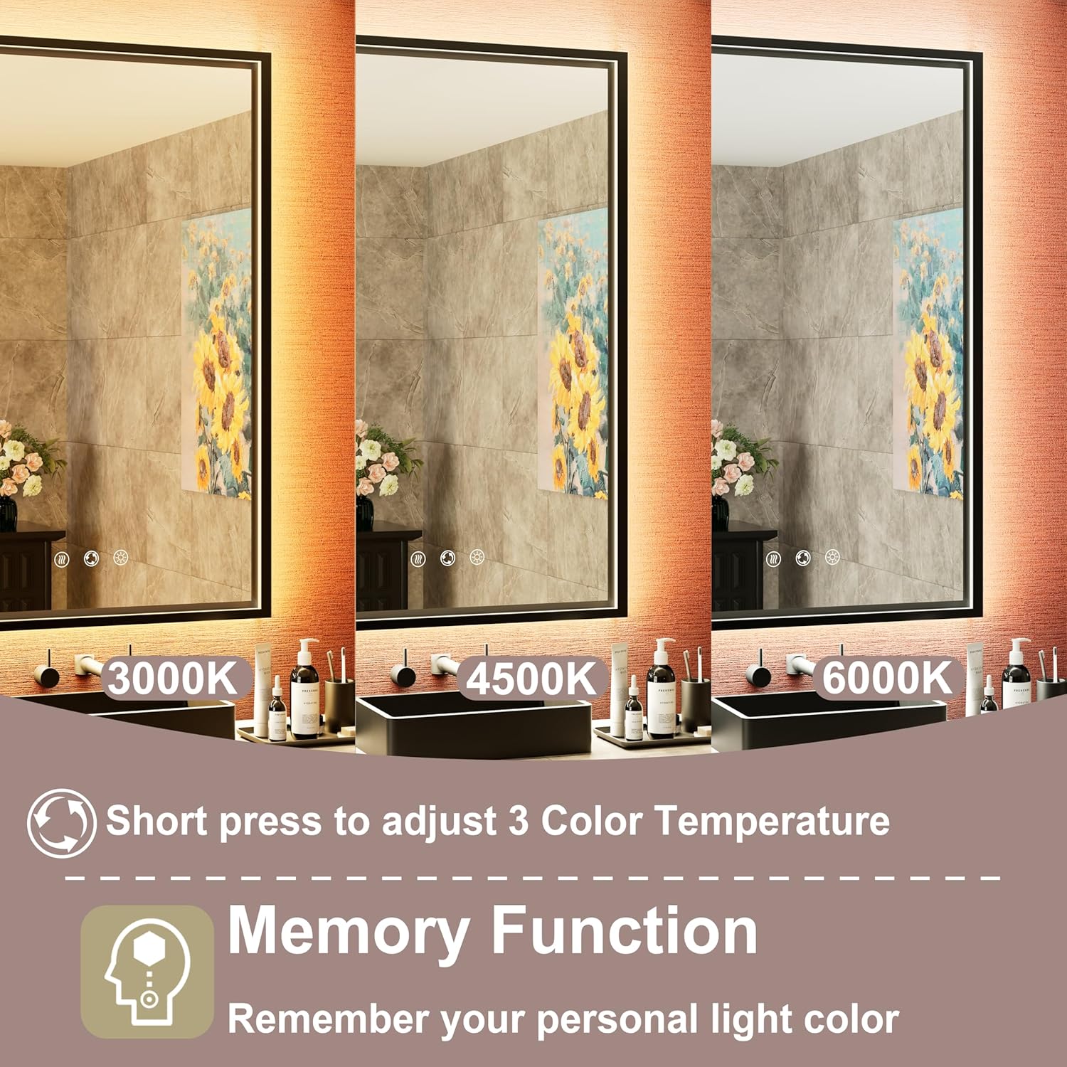 24x36 Inch LED Mirror for Bathroom with Front & Back Lights, Adjustable 3000K/4500K/6000K, Wall Mounted Black Lighted Bathroom Vanity Mirror, Stepless Dimmable, Anti-Fog, Memory Function