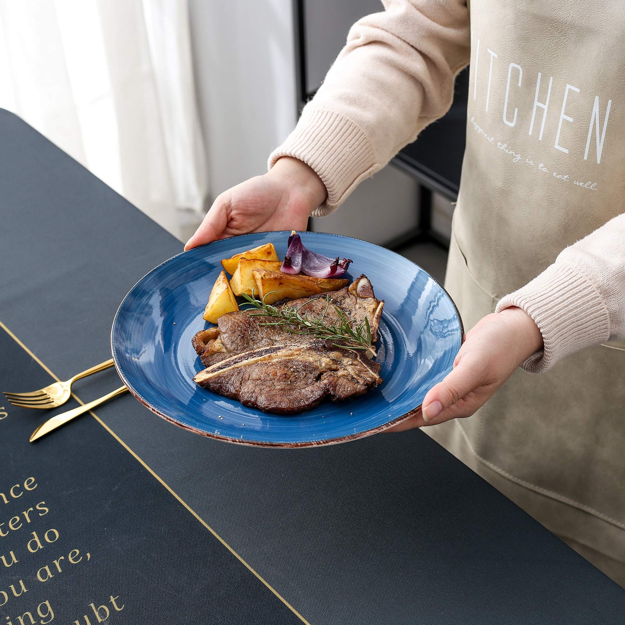 vancasso Bella Blue 12 große Teller, handbemalt, rustikale Optik, 27 cm, für Dinner/Steak/Hauptgericht, kratzfest