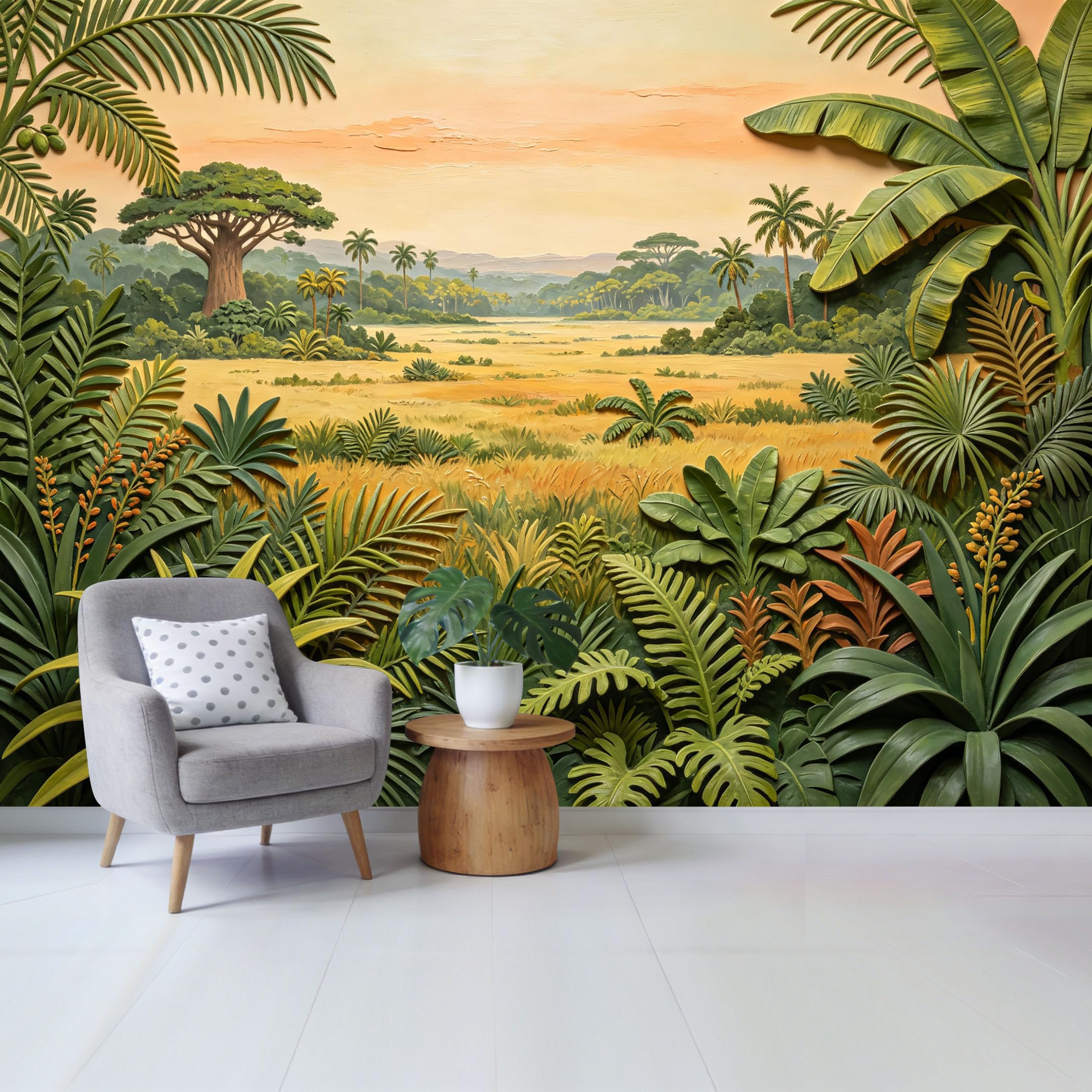 Qzlithotic Yq2605251209 Custom Size Wall Mural Tropical Jungle Scenery 3D Relief Textured Botanical Landscape Selfadhesive Wall Fabric Removable Wallpaper For Home Office Decor