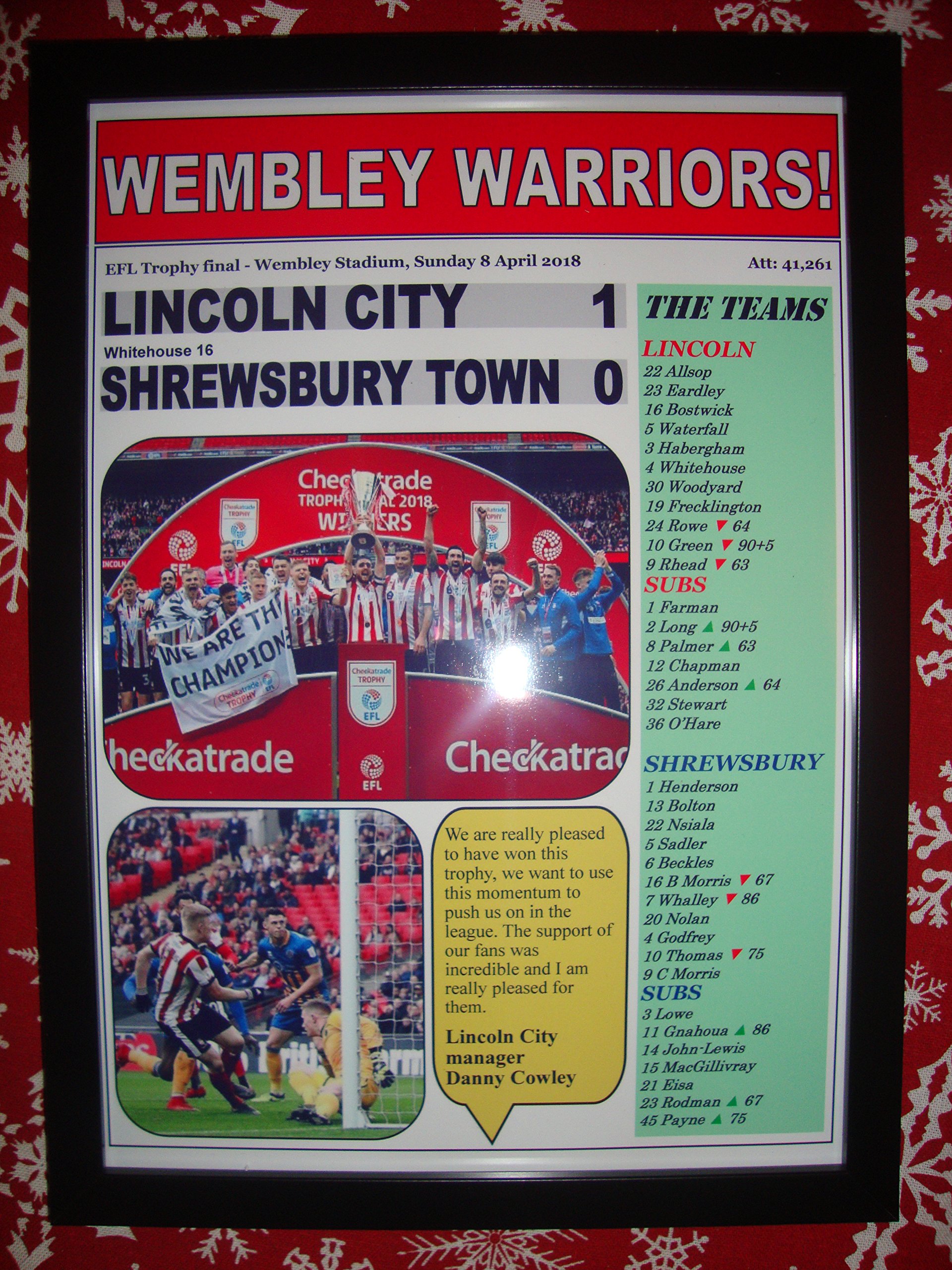 Lilywhite Multimedia Black Lincoln City 1 Shrewsbury Town 0-2018 Efl Trophy Final - Framed Print