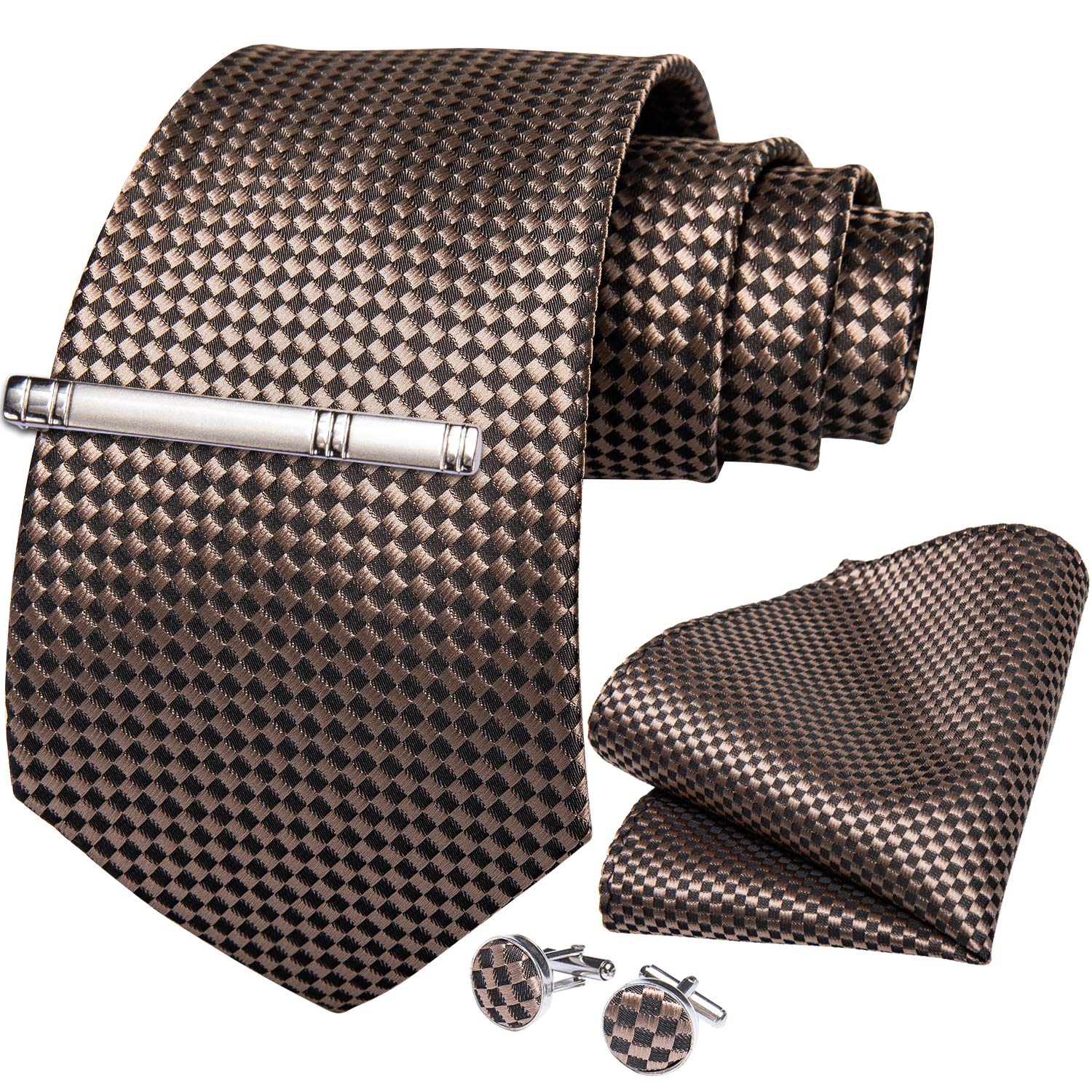 DiBanGuPlaid Ties for Men Silk Checkered Necktie and Pocket Square Cufflinks Tie Clip Set with Gift Box for Wedding Business