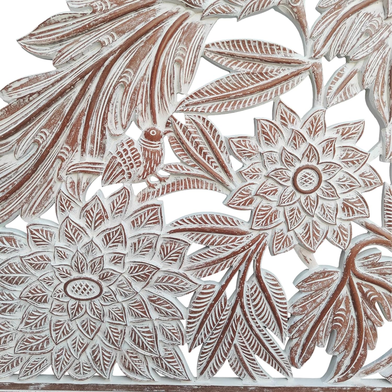 Handmade Half Moon Headboard Sun Flower in White Wash Round Carving Bed Head Wall Art Boho Bed Headboard Tropical Home Decor (Queen Size- 63x45x1 -inches) | Engineered Wood