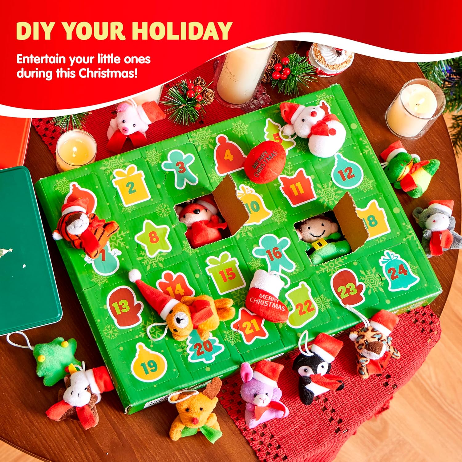 JOYIN 2025 Christmas Advent Calendar with Plush, 24 Days Countdown Calendar Stuffed Animals Plush with Santa Hats, Christmas Party Favor Gifts, Xmas Classroom Prizes, Toys for Kids Boys Girls
