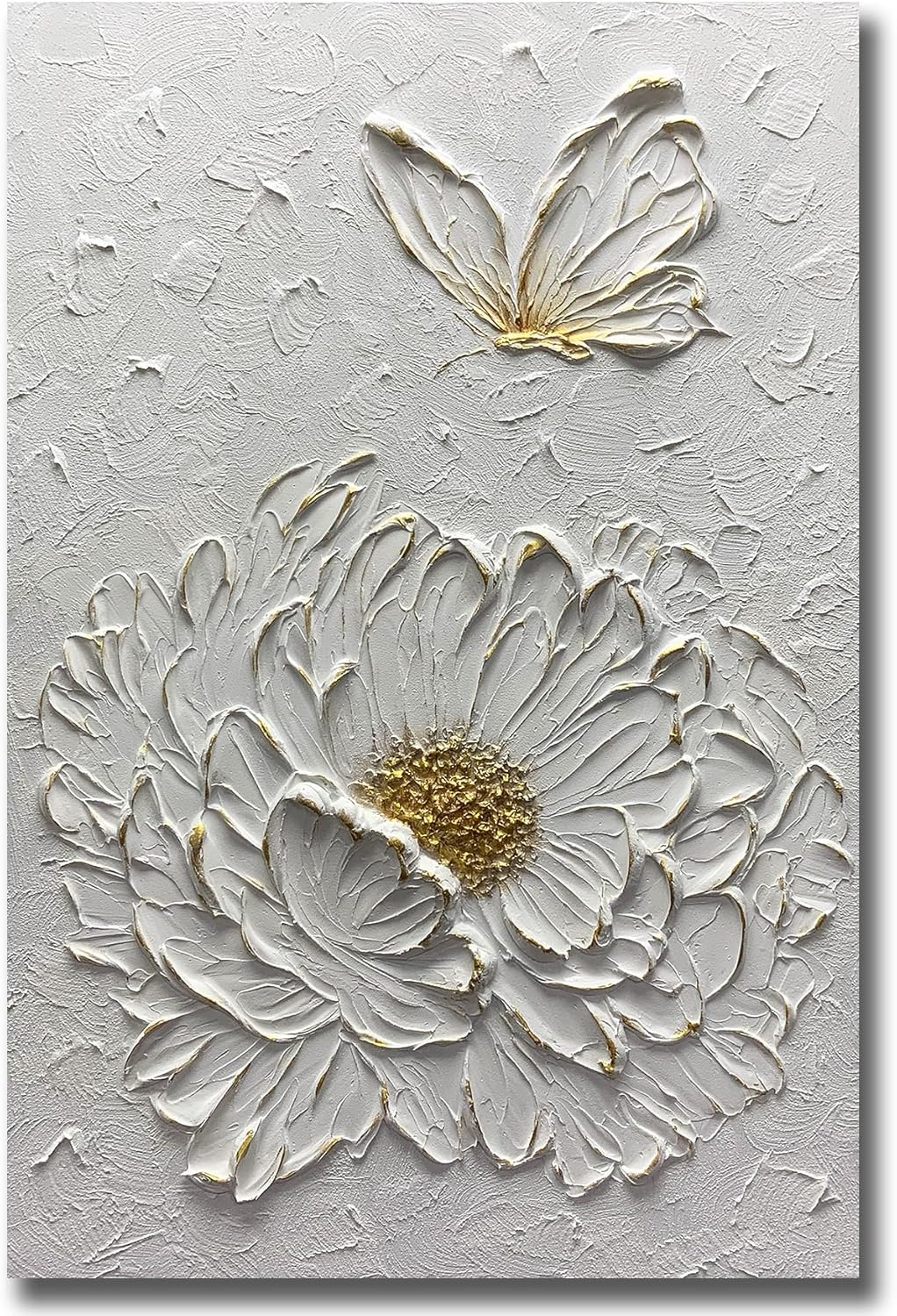 Boiee Art,24x36Inch Hand Painted Creamy Textured Wall Art Elegant Floral Wall Decor Art Minimalist Butterfly Artwork White and Gold Flower Oil Painting for Home Office 24L" x 36W" Creamy white&Gold