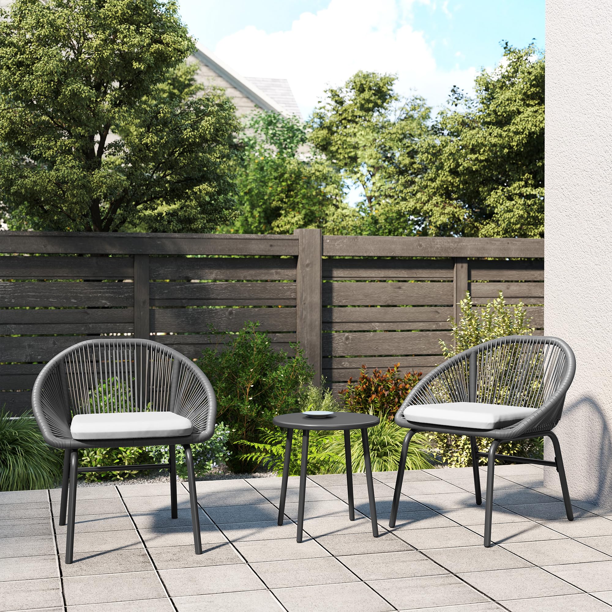 Outsunny Set da Giardino 3 Pezzi Tavolo e Sedie da Balcone Nero | Salotto da Giardino, 2 Sedie con Cuscino, Tavolino Acciaio Rattan PE, Terrazza