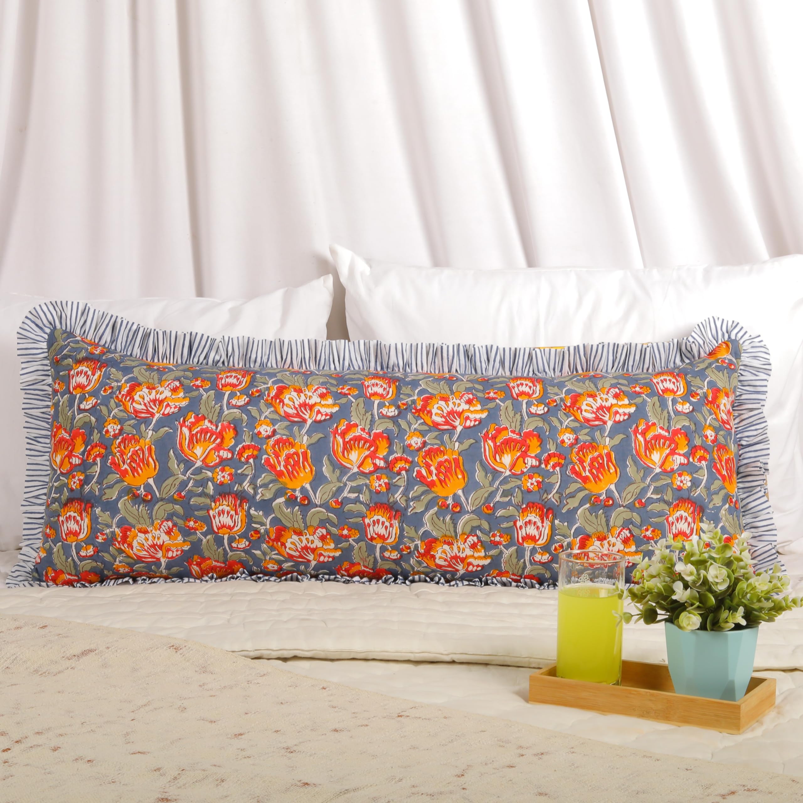 Trade Star Hand Block Print Boho Floral Pillow Covers Handmade Reversible Ruffles Bedding PiIlow Shams Soft Cotton Pillowcase