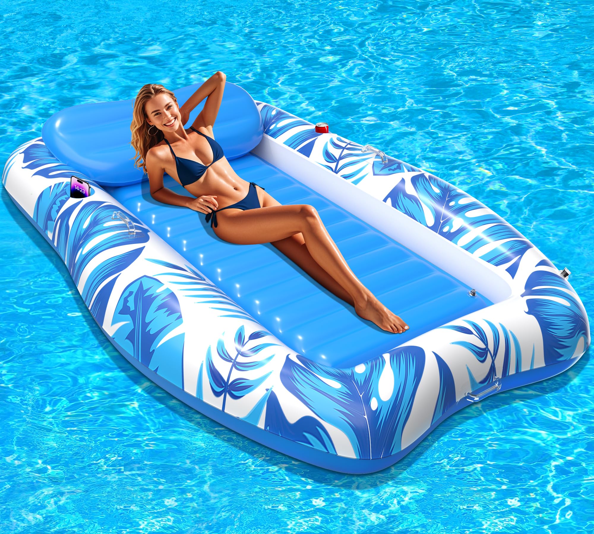LanAqua Inflatable Tanning Pool, 2025 Large Tanning Pool Lounger Float for Adults with Removable Head Rest, Sunbathing Tanning Pool Float with Cup & Phone Holders, Blow Up Tanning Pool Bed