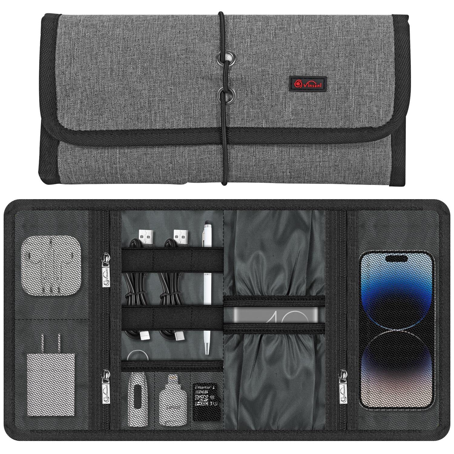 Vinsani Grey Roll Up Accessories Universal Travel Organiser Easy Carry Portable Foldable Make Up Cable Charger Earphones Usb Sd Card Electronics Essentials Carrying Case –
