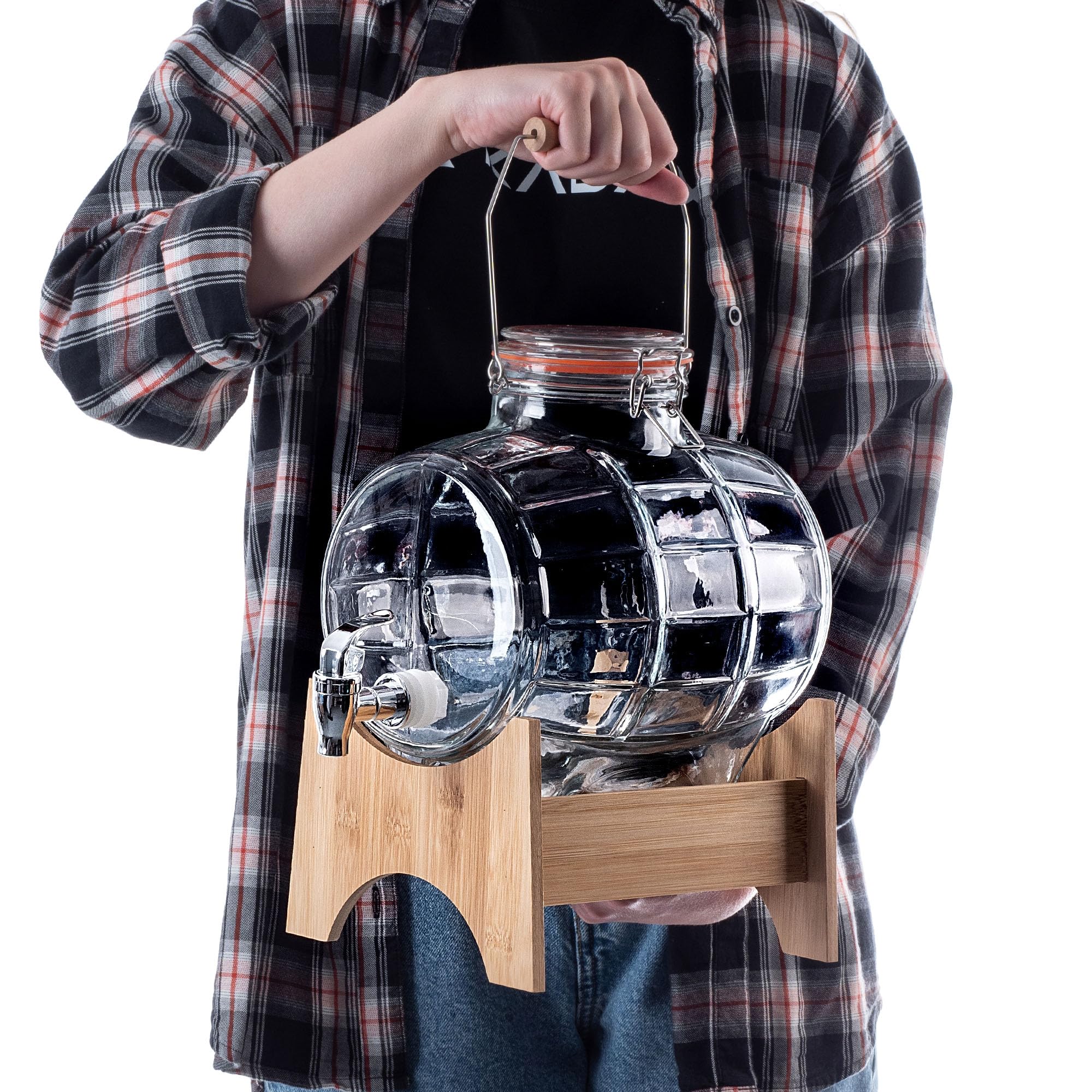 KADAX Barril de 5 litros con grifo y dispensador de bebidas transparente con base de madera