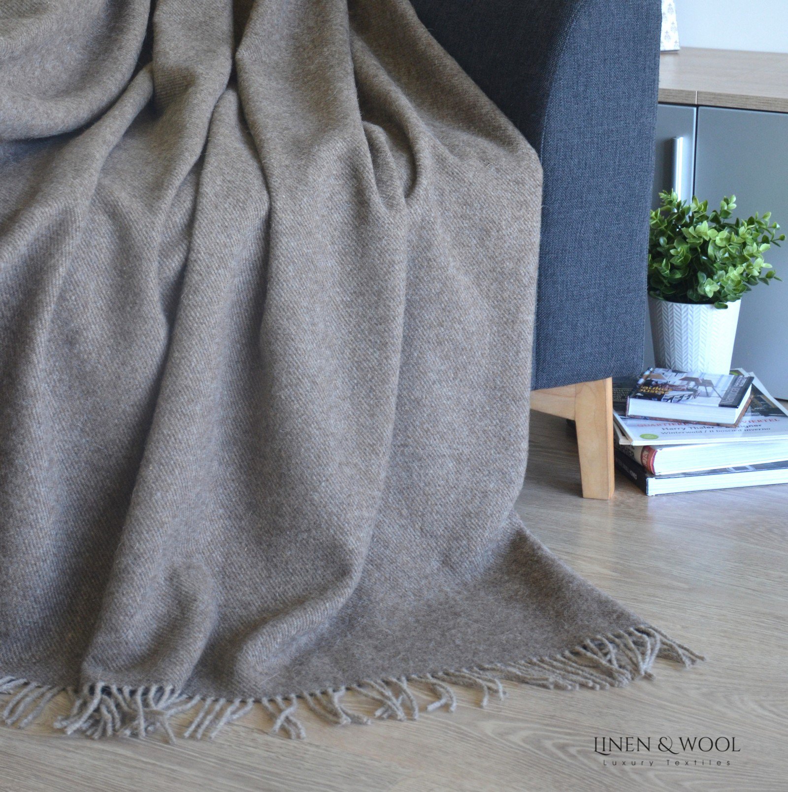 Linen & Cotton Manta Plaid para Sofá/Cama Columbus, 100% Lana Nueva Zelanda - 140 x 200cm (Marron)