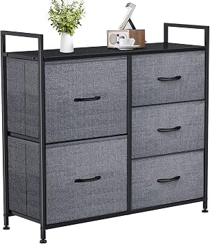 Yesker Dresser for Bedroom Storage Tower with 5 Drawers Fabric Bins Sturdy Metal Frame Wood Top Small Organizer Unit for Guest Room, Closet, Living Room, Hallway, Home Furniture, Office, Dark Gray