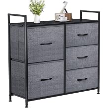 Yesker Dresser for Bedroom Storage Tower with 5 Drawers Fabric Bins Sturdy Metal Frame Wood Top Small Organizer Unit for Guest Room, Closet, Living Room, Hallway, Home Furniture, Office, Dark Gray
