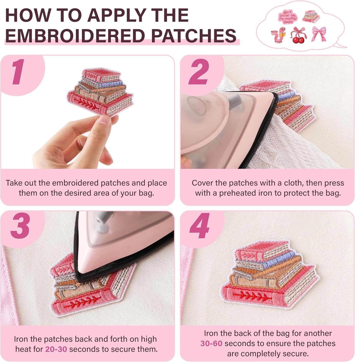 Canvas Tote Bag for Women, Book Lover Tote Bag with 5 Embroidery Patches Reusable Grocery Shopping Handbag for Bookish - Image 5