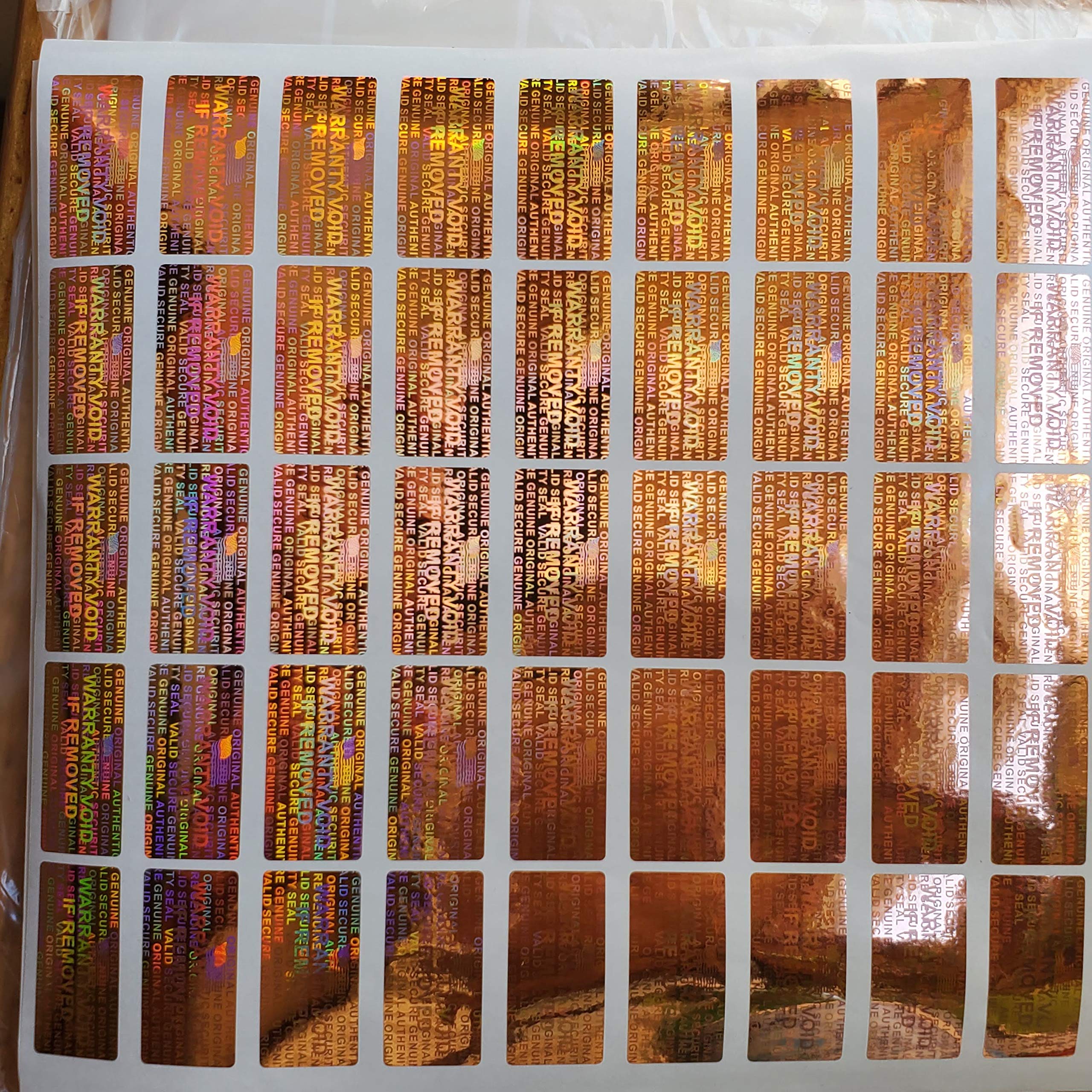 1000 pieczęci zabezpieczających hologram etykiety gwarancyjne widoczne na manipulacje naklejki 15 mm x 30 mm - marka Dealimax (miedź - pomarańczowa)