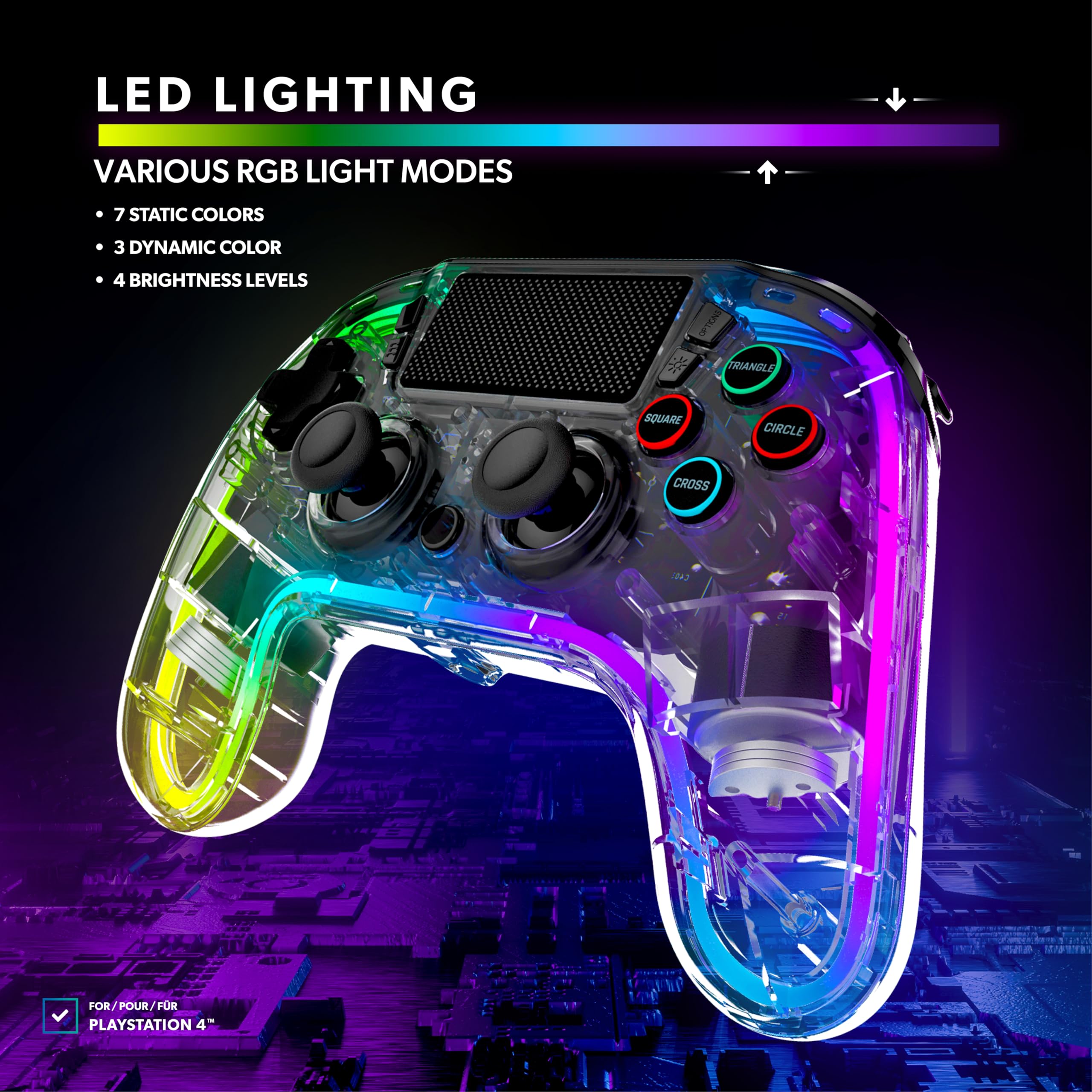 Snakebyte GAMEPAD RGB 4 - transparenter Wireless Controller für PlayStation 4, einstellbare RGB-Beleuchtung, starker Akku, belegbare Zusatztasten