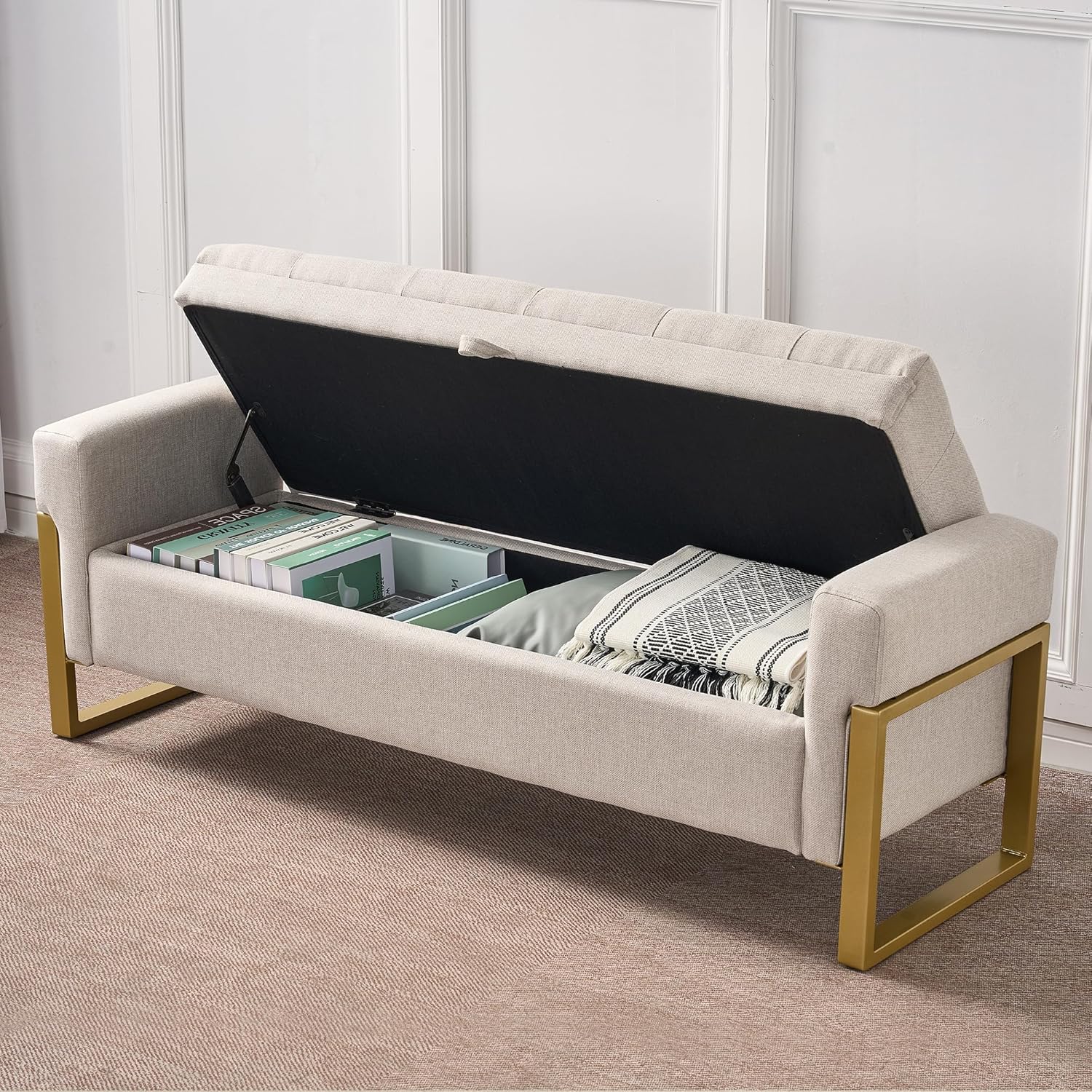 57" Storage Ottoman Bench, Linen Upholstered End of Bed Storage Bench with Metal Legs & Button-Tufted, Large Ottoman with Storage 500 lb Capacity, for Living Room, Bedroom, Entryway, Beige